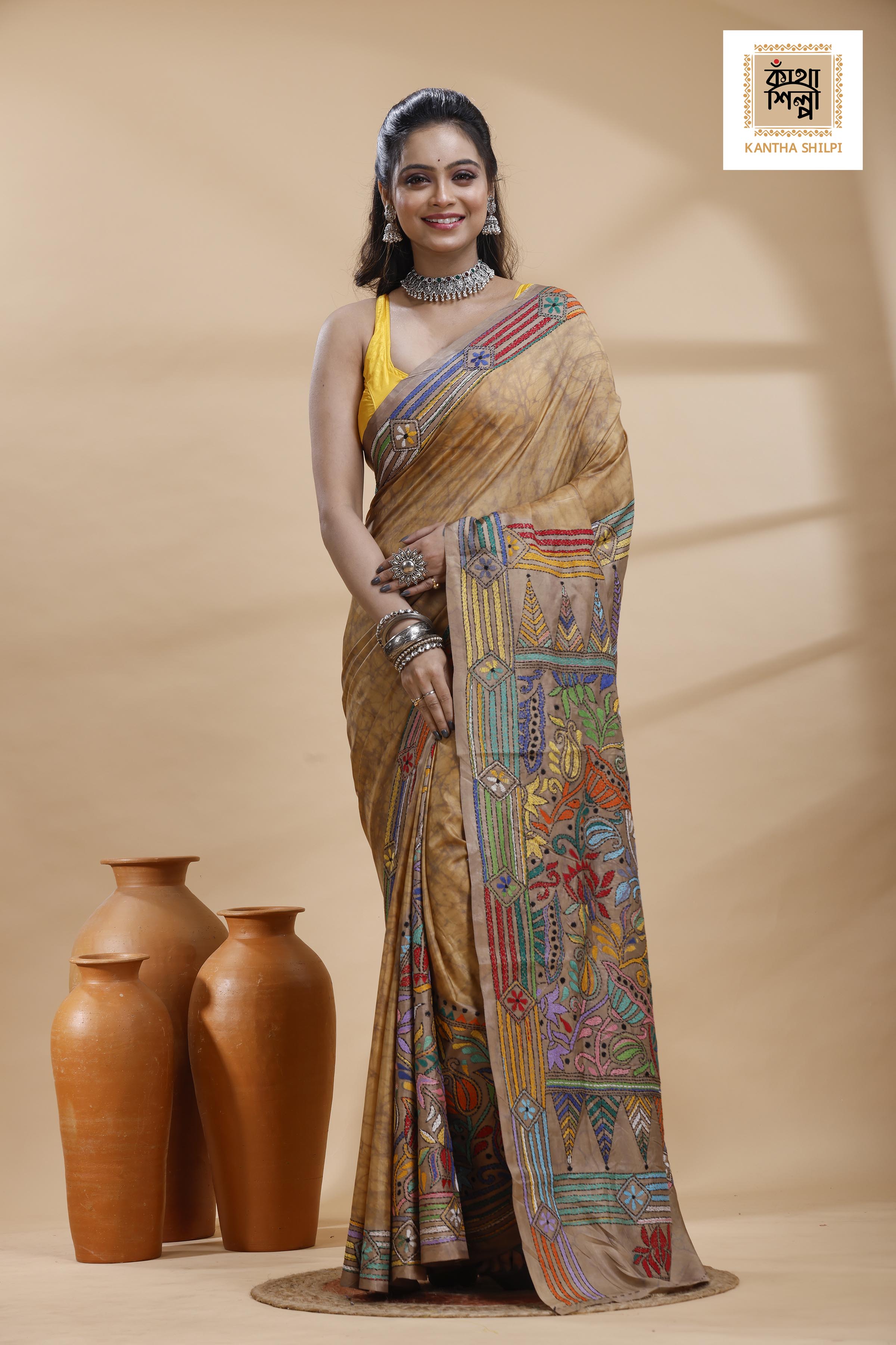 Beige Color Bangalore Silk Multicolor Thread Work Batik Kantha Stitch Saree