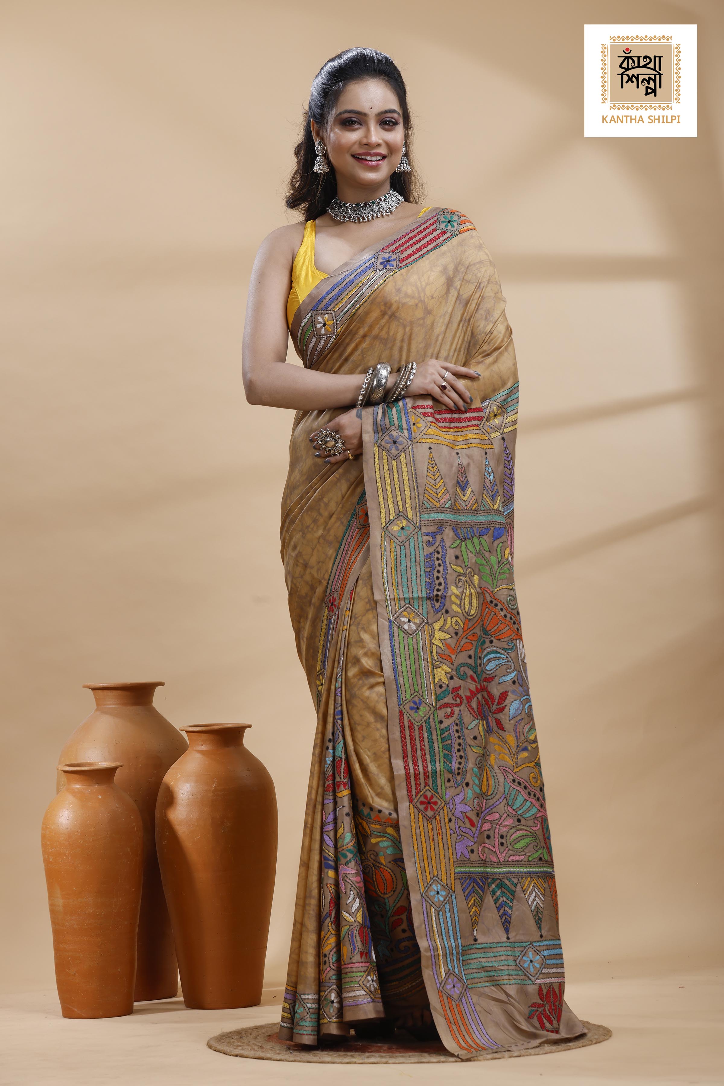 Beige Color Bangalore Silk Multicolor Thread Work Batik Kantha Stitch Saree