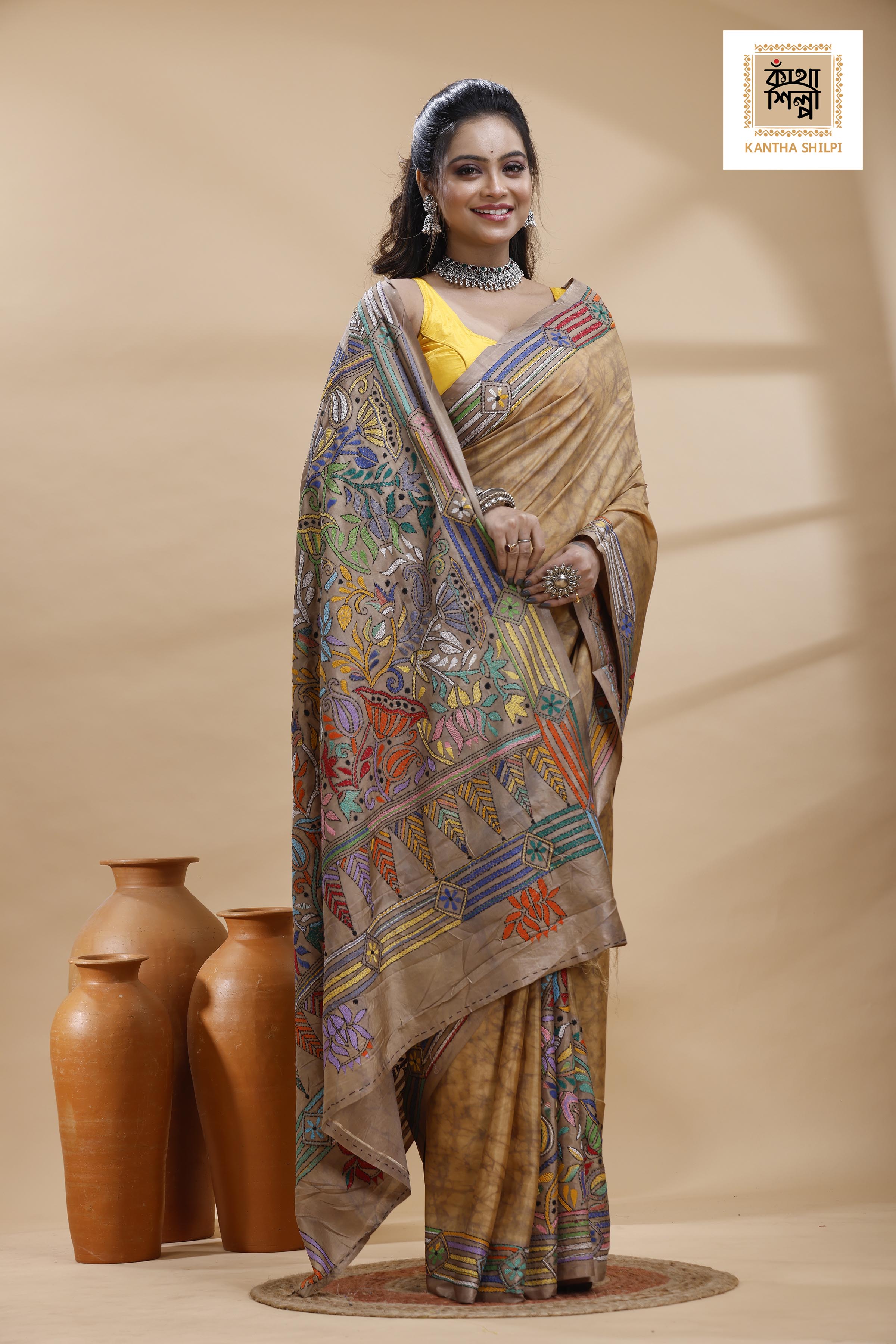 Beige Color Bangalore Silk Multicolor Thread Work Batik Kantha Stitch Saree