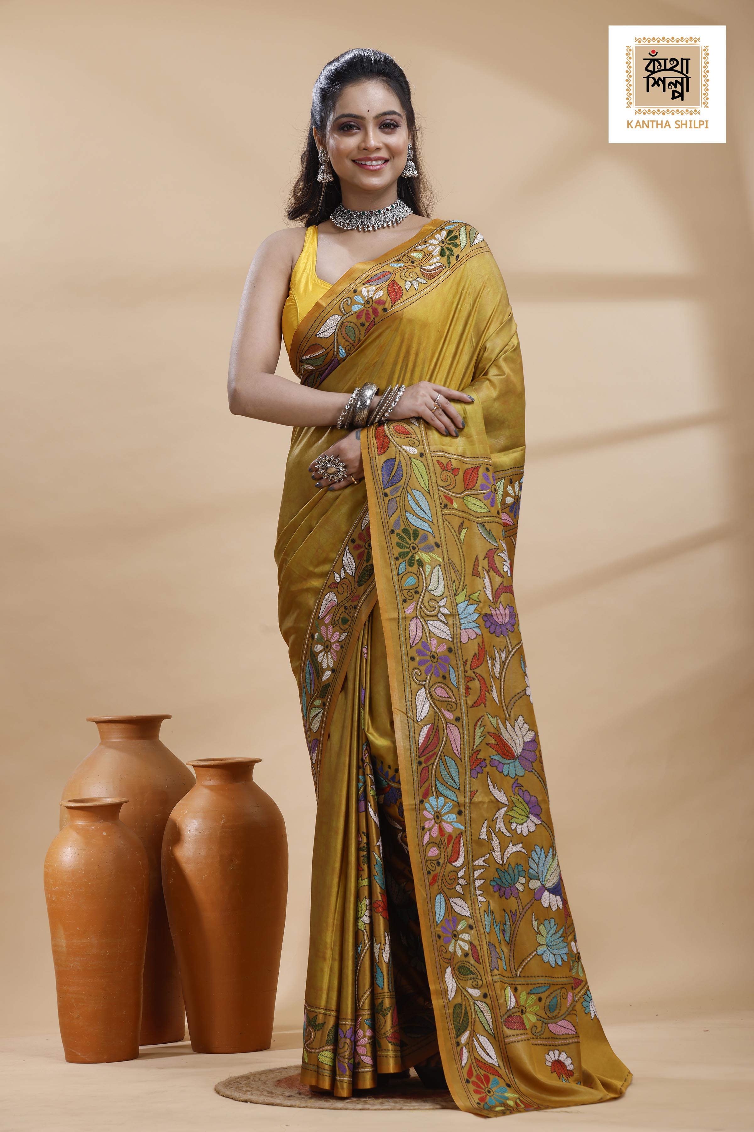 Yellow Color Bangalore Silk Multicolor Thread Work Batik Kantha Stitch Saree