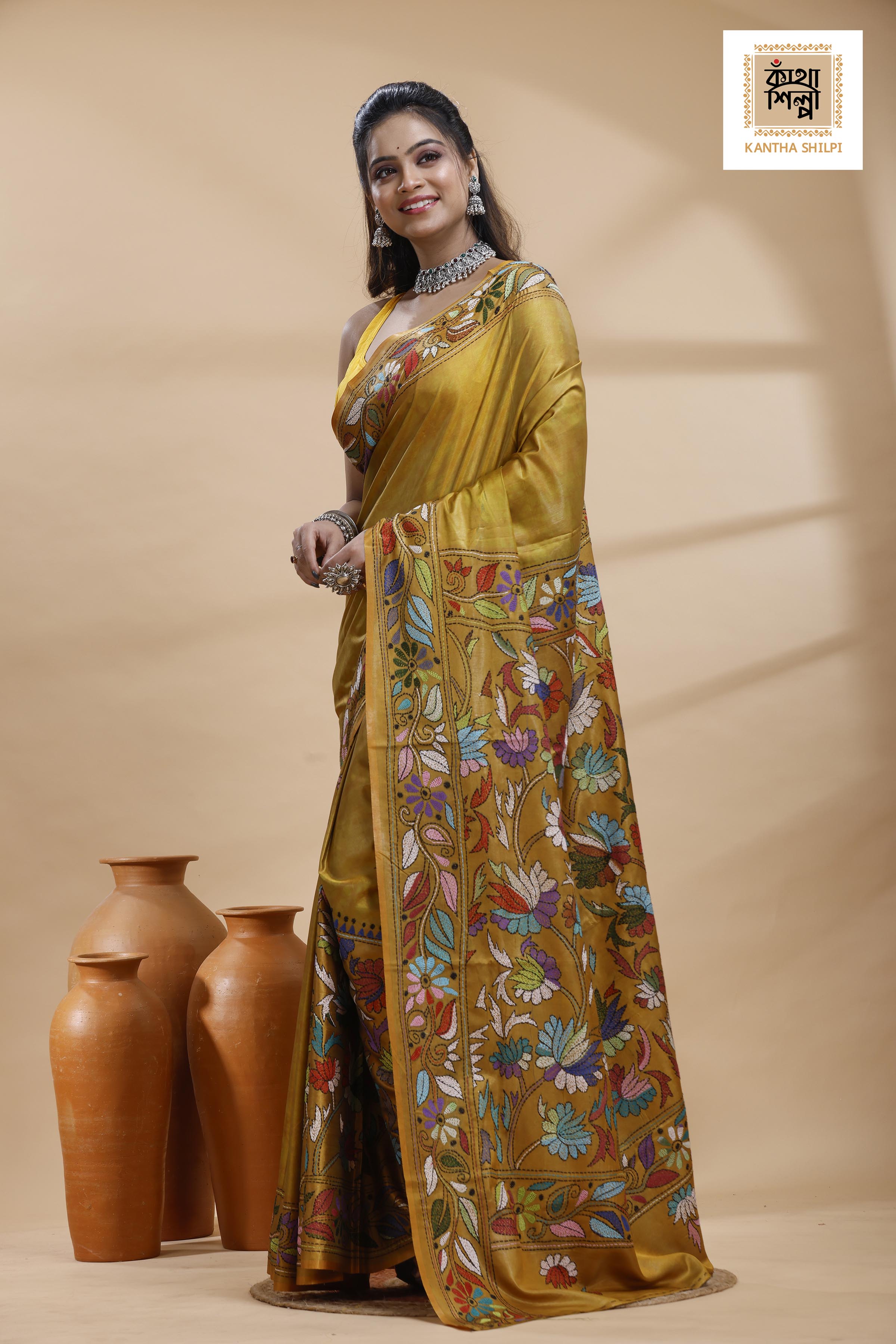 Yellow Color Bangalore Silk Multicolor Thread Work Batik Kantha Stitch Saree