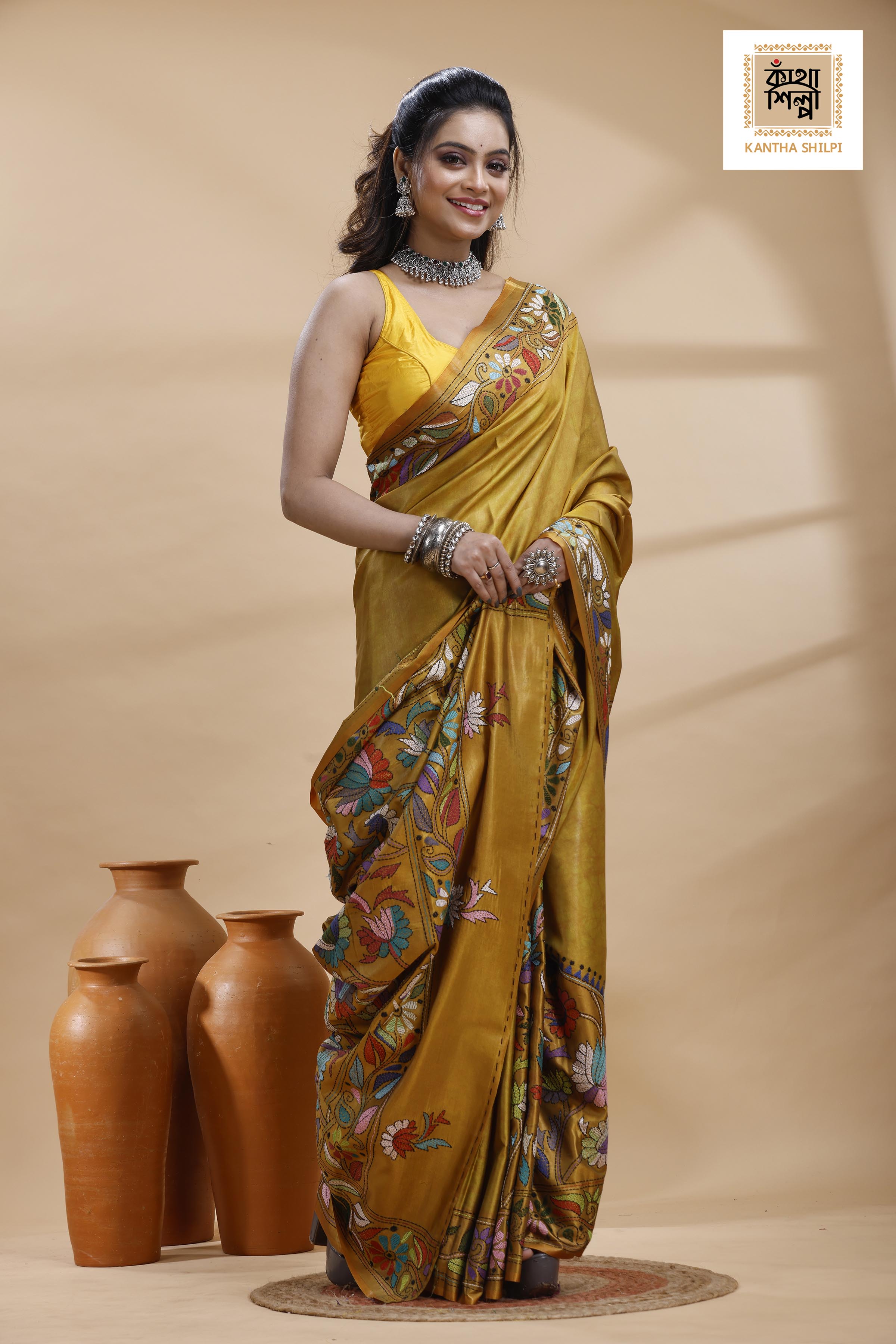 Yellow Color Bangalore Silk Multicolor Thread Work Batik Kantha Stitch Saree