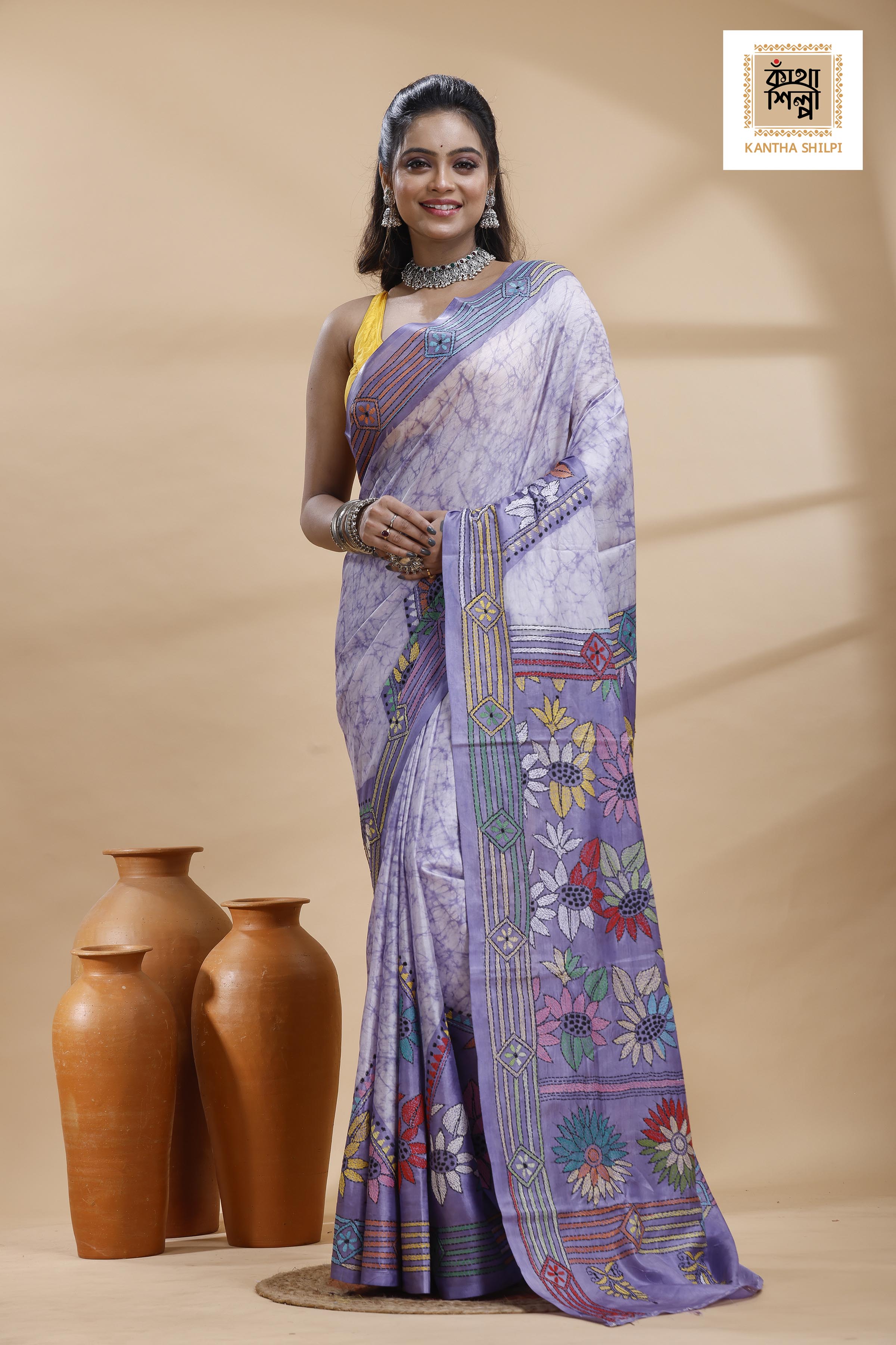 Grayish Blue Color Bangalore Silk Multicolor Thread Work Batik Kantha Stitch Saree