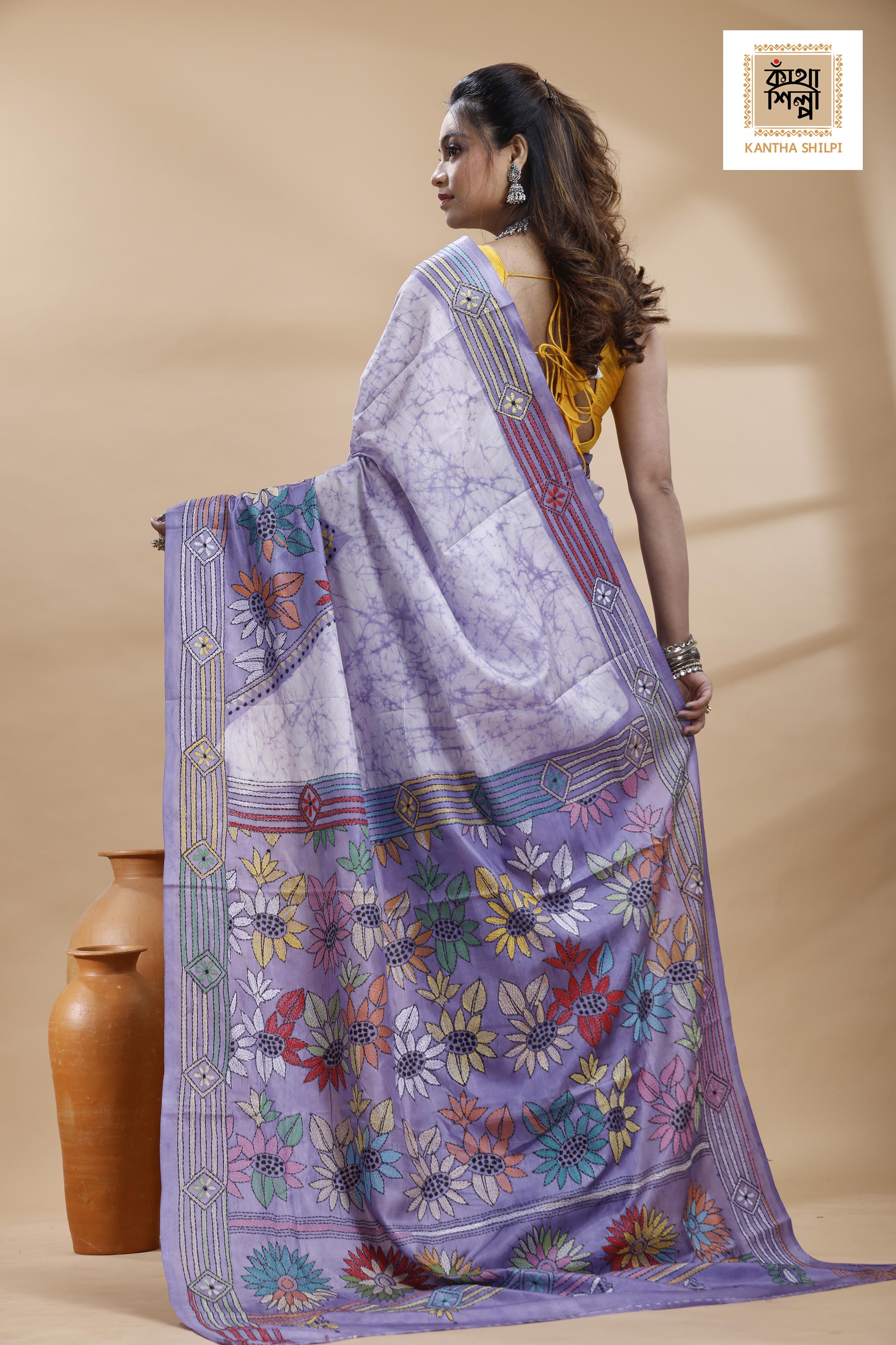 Grayish Blue Color Bangalore Silk Multicolor Thread Work Batik Kantha Stitch Saree