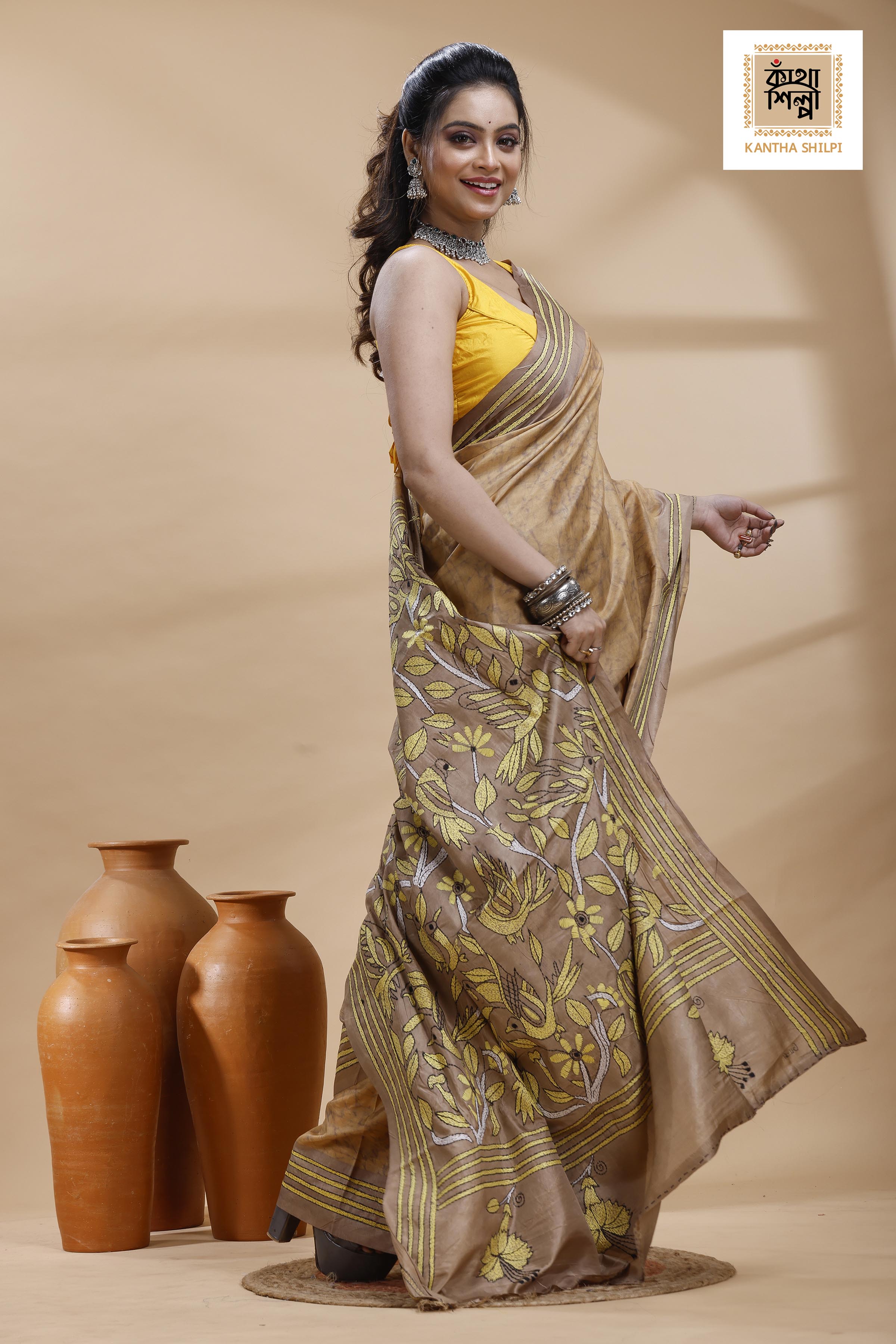 Beige Color Bangalore Silk Yellow Color Thread Work Batik Kantha Stitch Saree