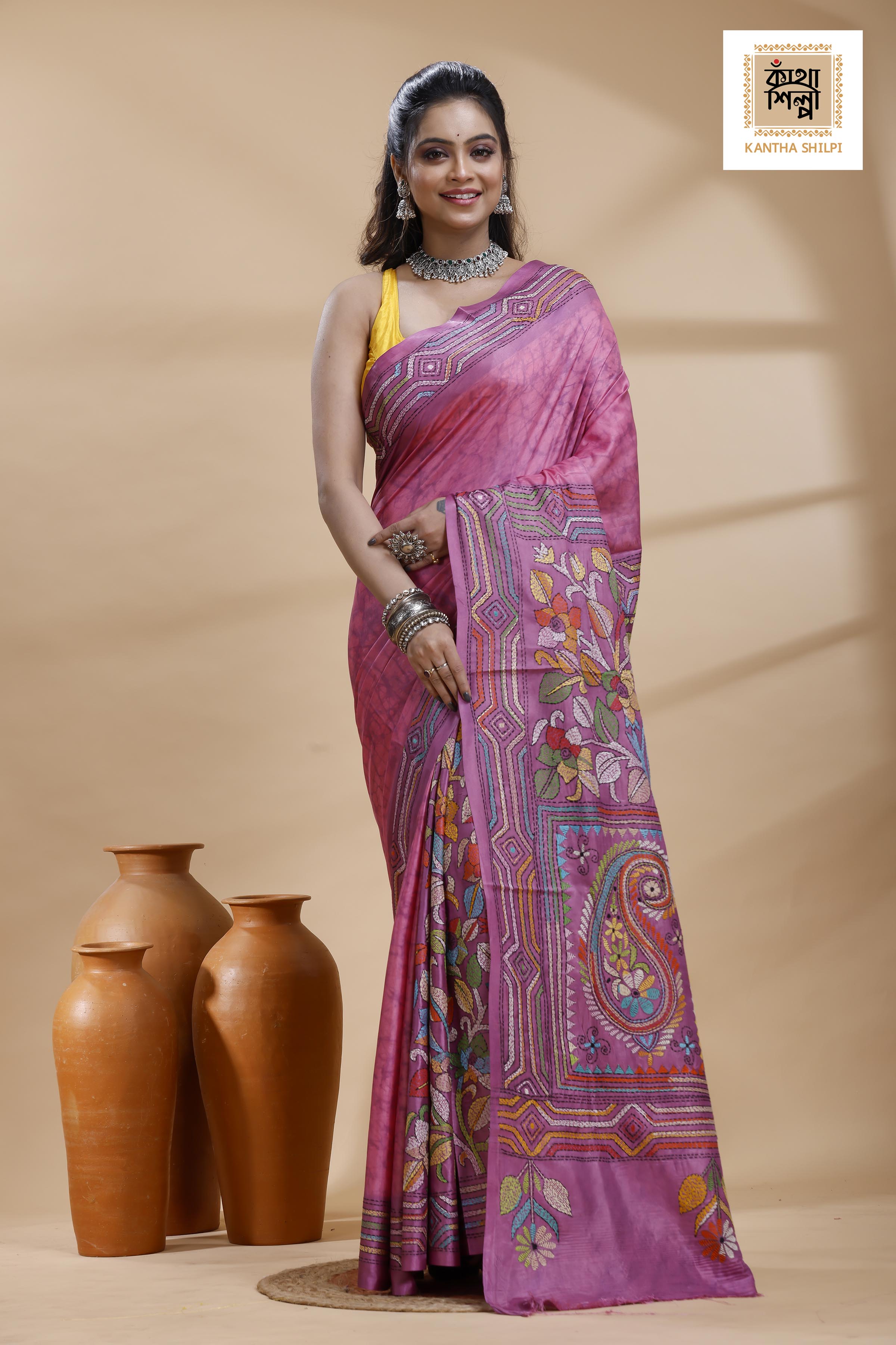 Light Plum Color Bangalore Silk Multicolor Thread Work Batik Kantha Stitch Saree