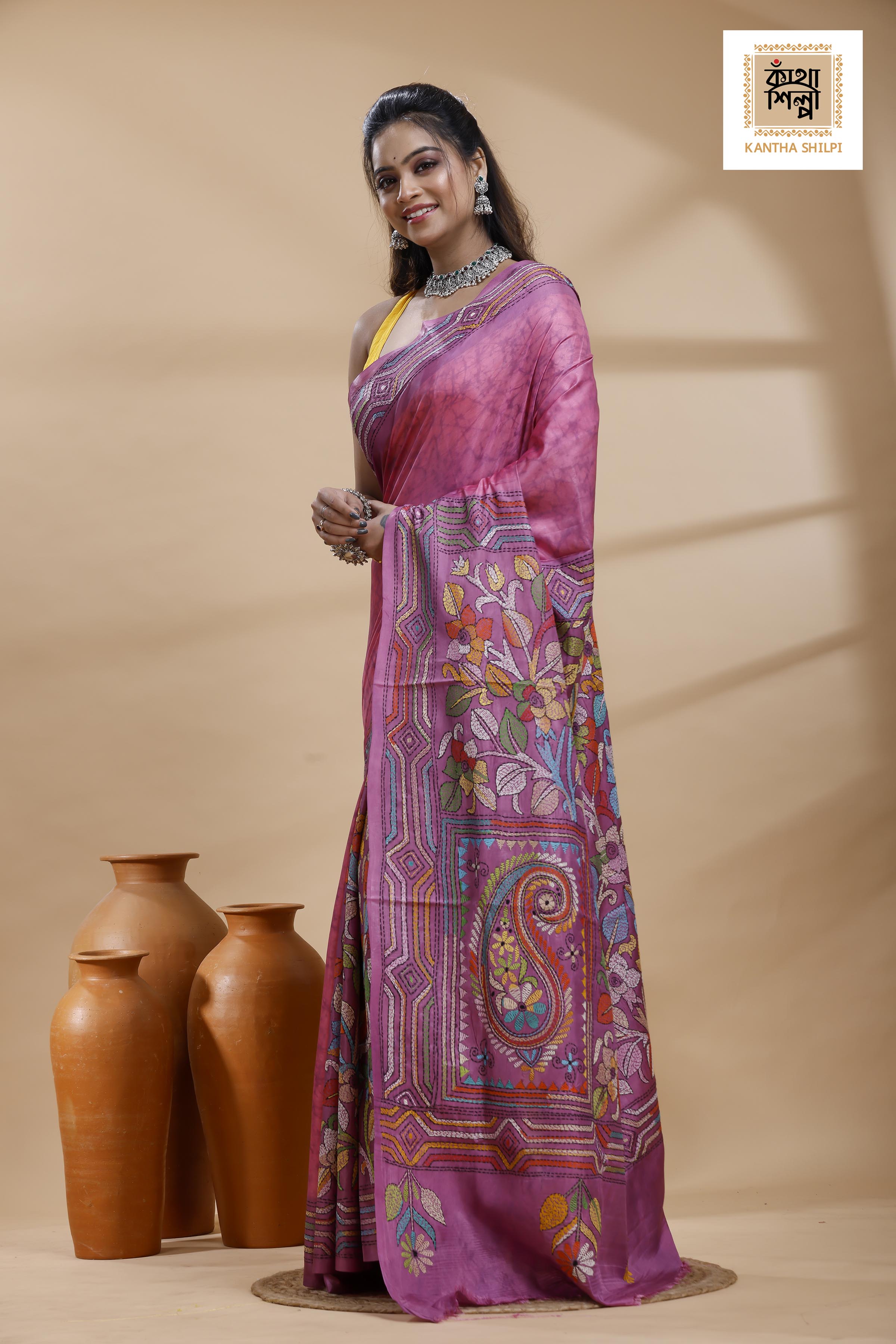 Light Plum Color Bangalore Silk Multicolor Thread Work Batik Kantha Stitch Saree