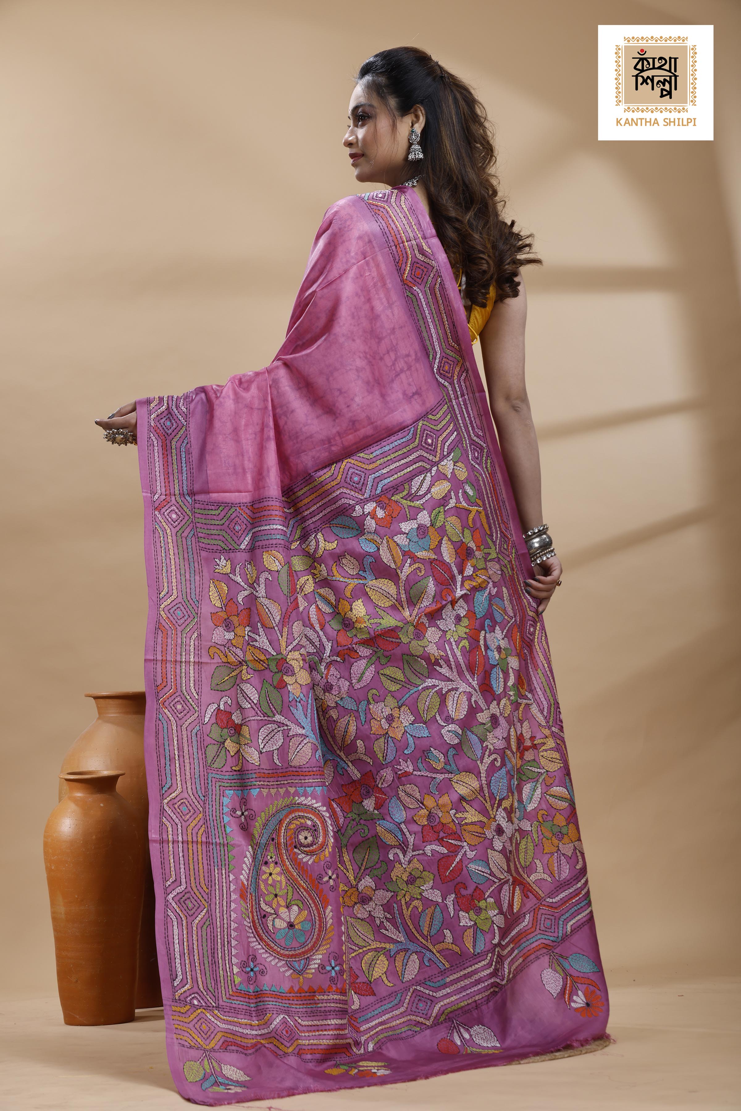 Light Plum Color Bangalore Silk Multicolor Thread Work Batik Kantha Stitch Saree