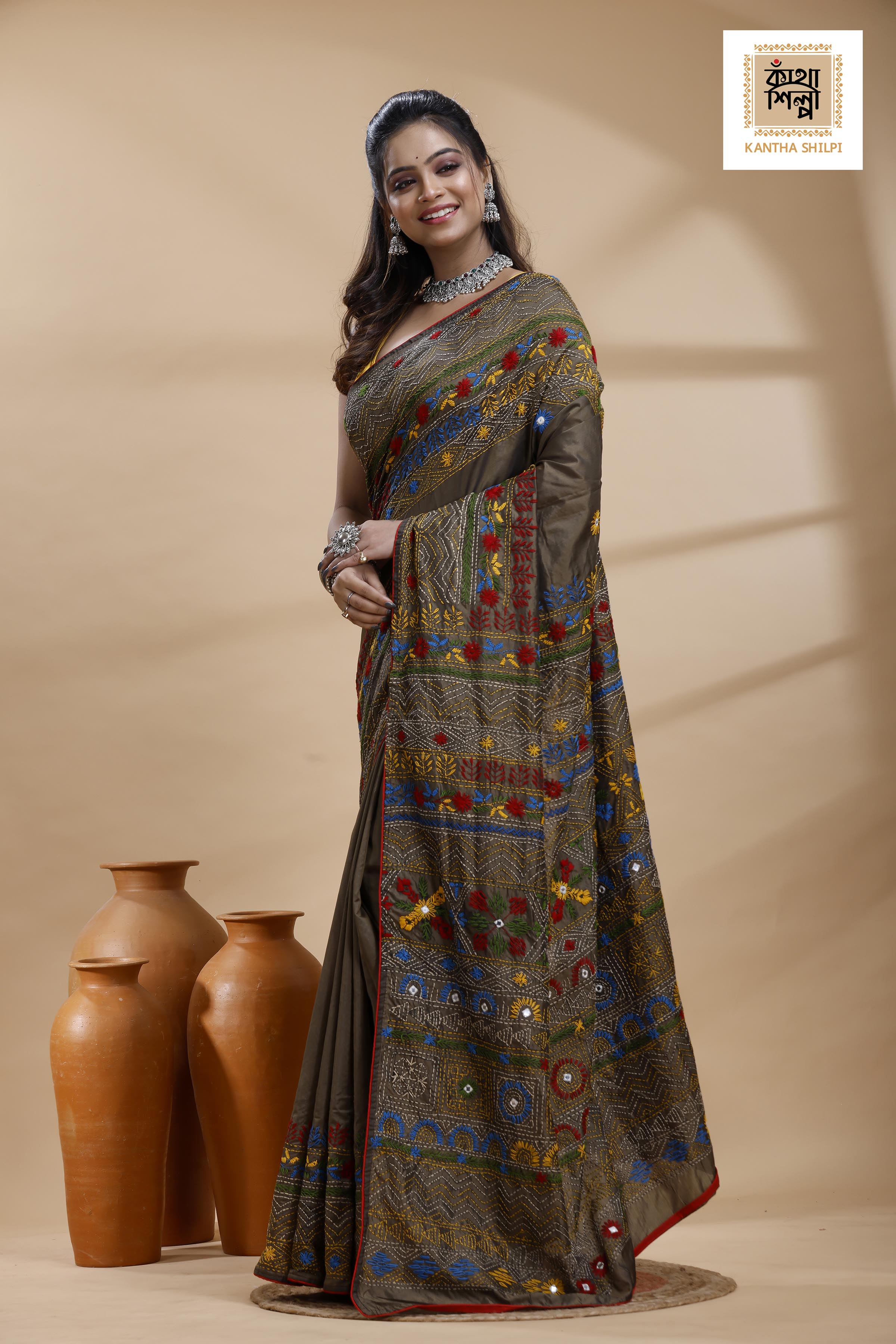 Judge Grey Color Bangalore Silk Multicolor Thread Work Lambani Stitch Saree