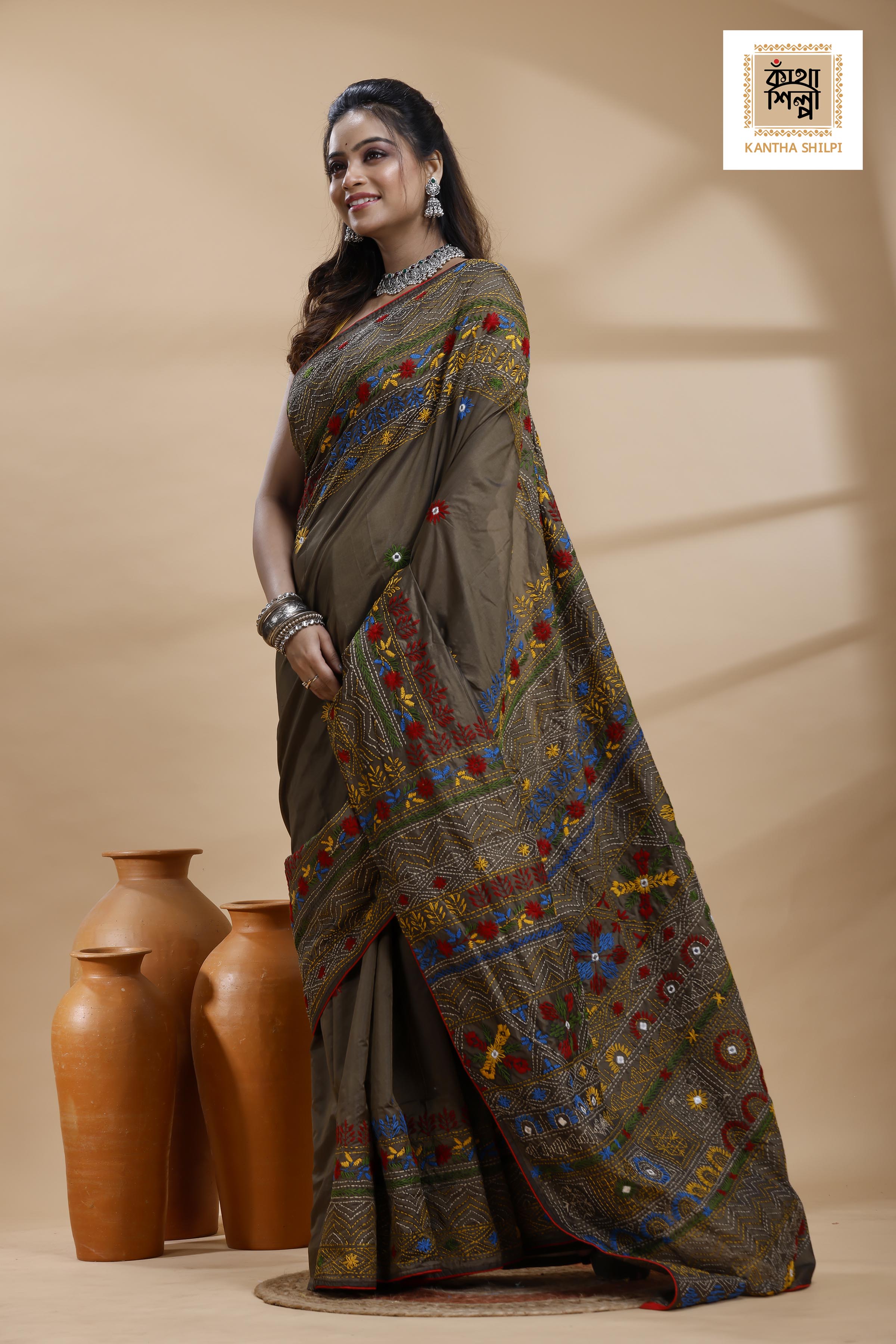 Judge Grey Color Bangalore Silk Multicolor Thread Work Lambani Stitch Saree