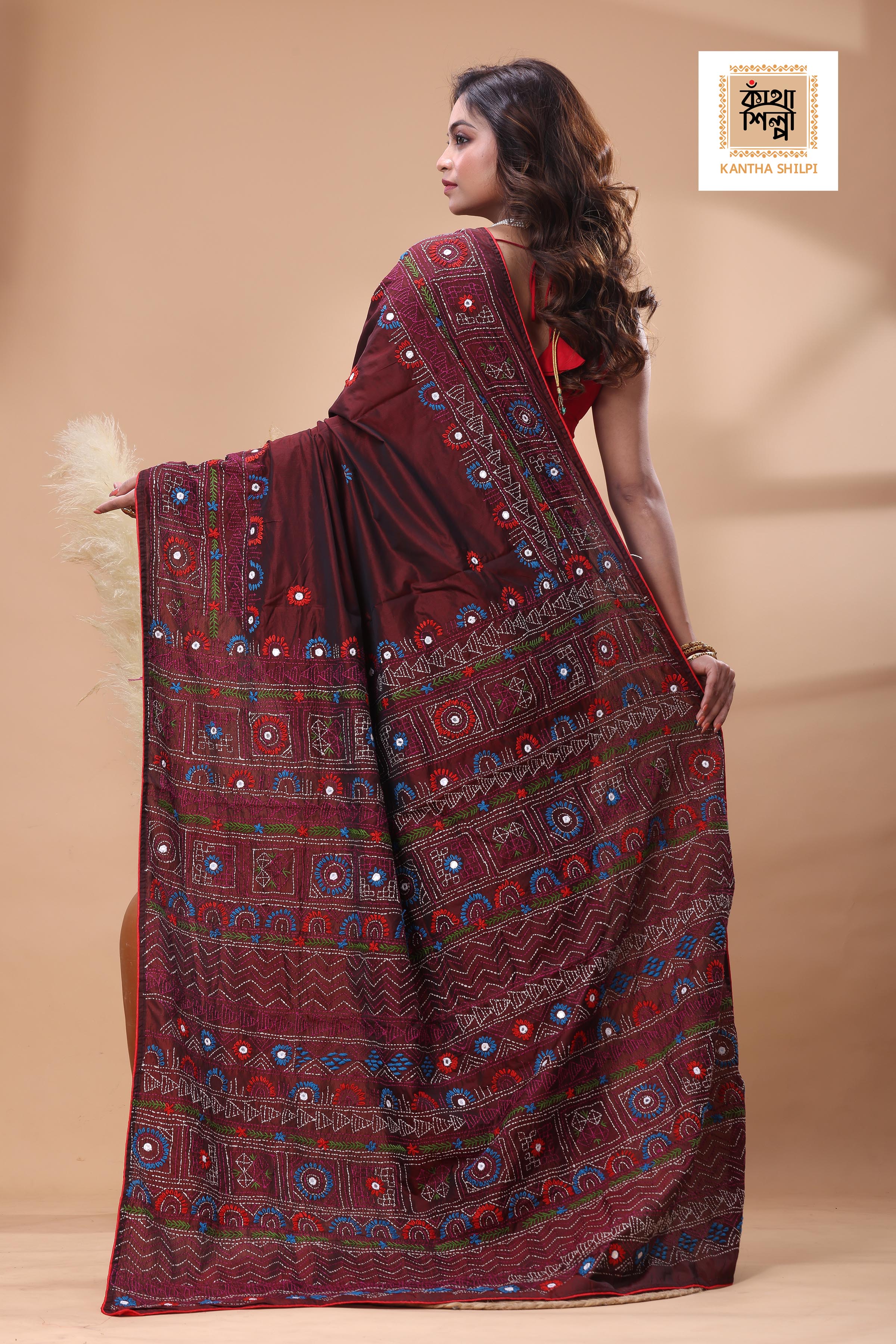Maroon Color Bangalore Silk Multicolor Thread Work Lambani Stitch Saree