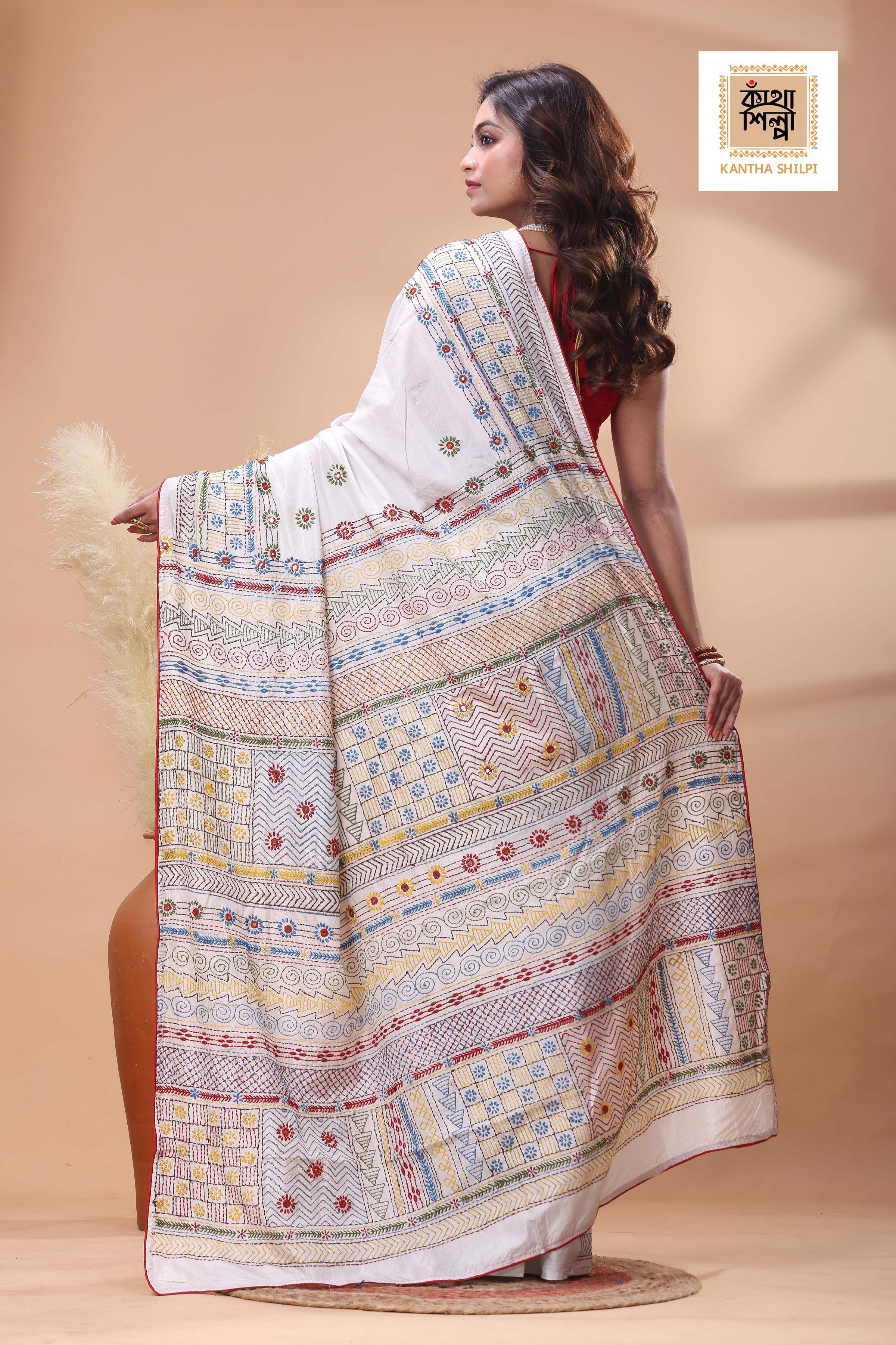 White Color Bangalore Silk Multicolor Thread Work Lambani Stitch Saree