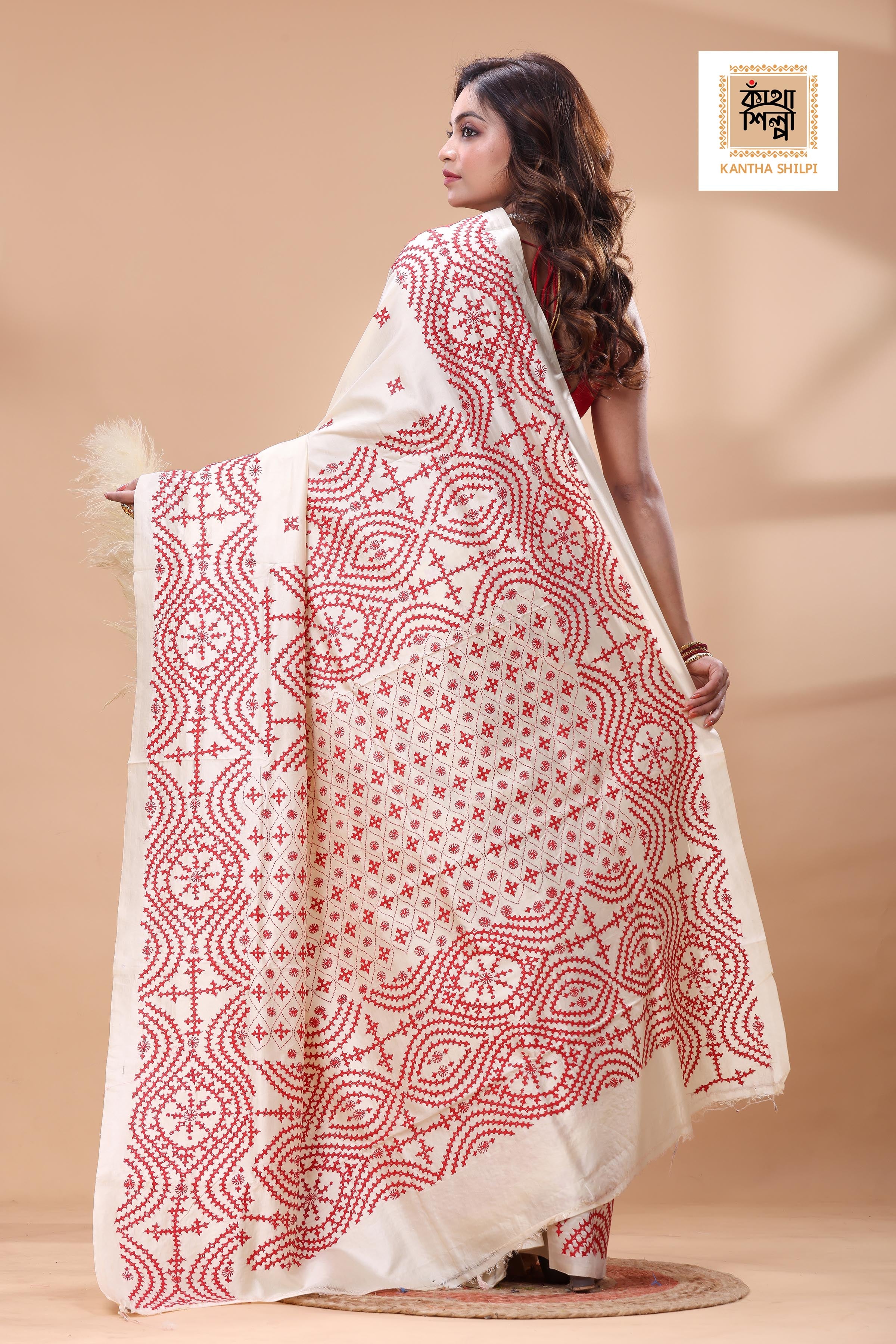 Off White Tussar Silk Red Thread Work Gujrati Stitch Saree