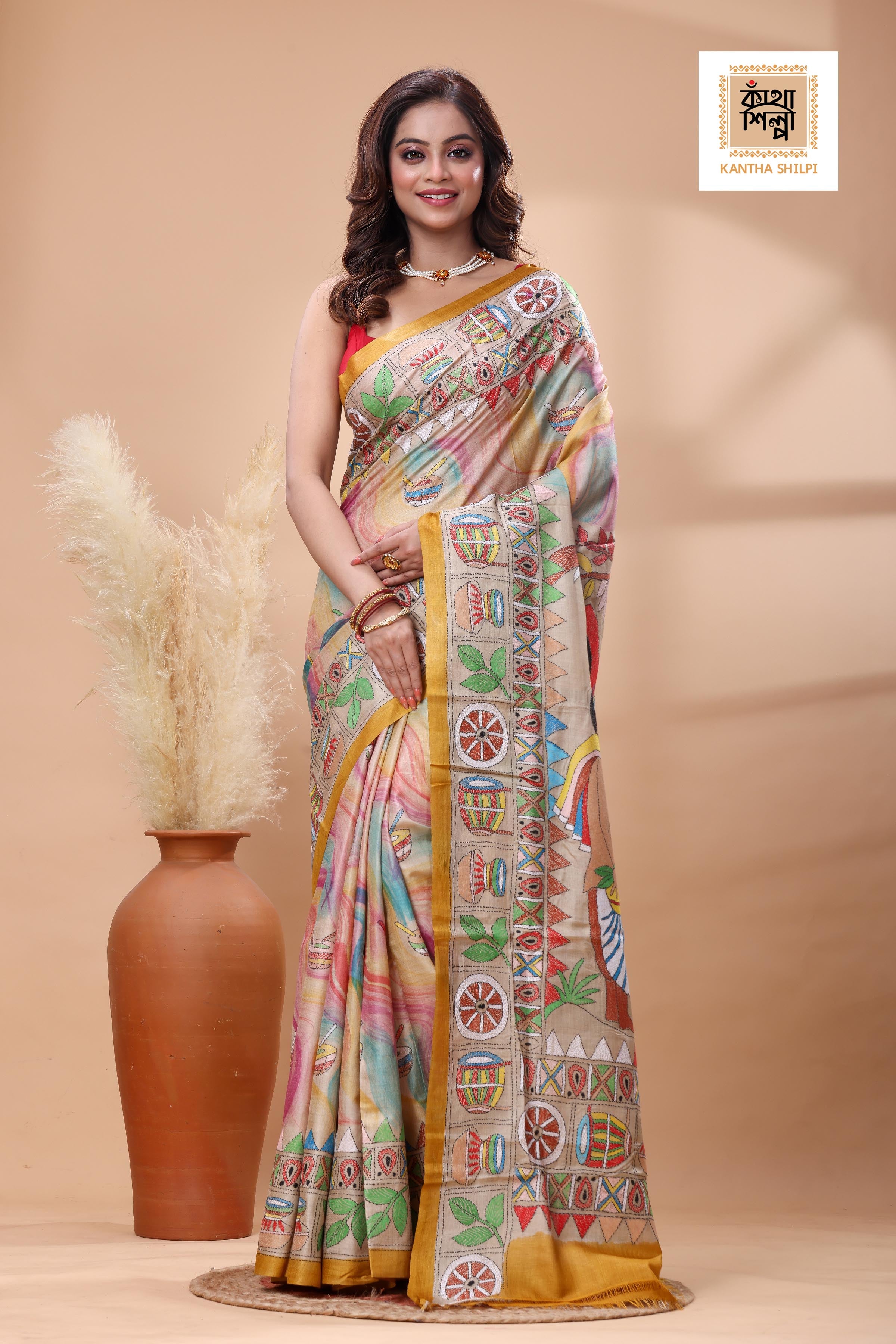 Pure Gachi Tussar Multicolor Thread Work Kantha Stitch Saree