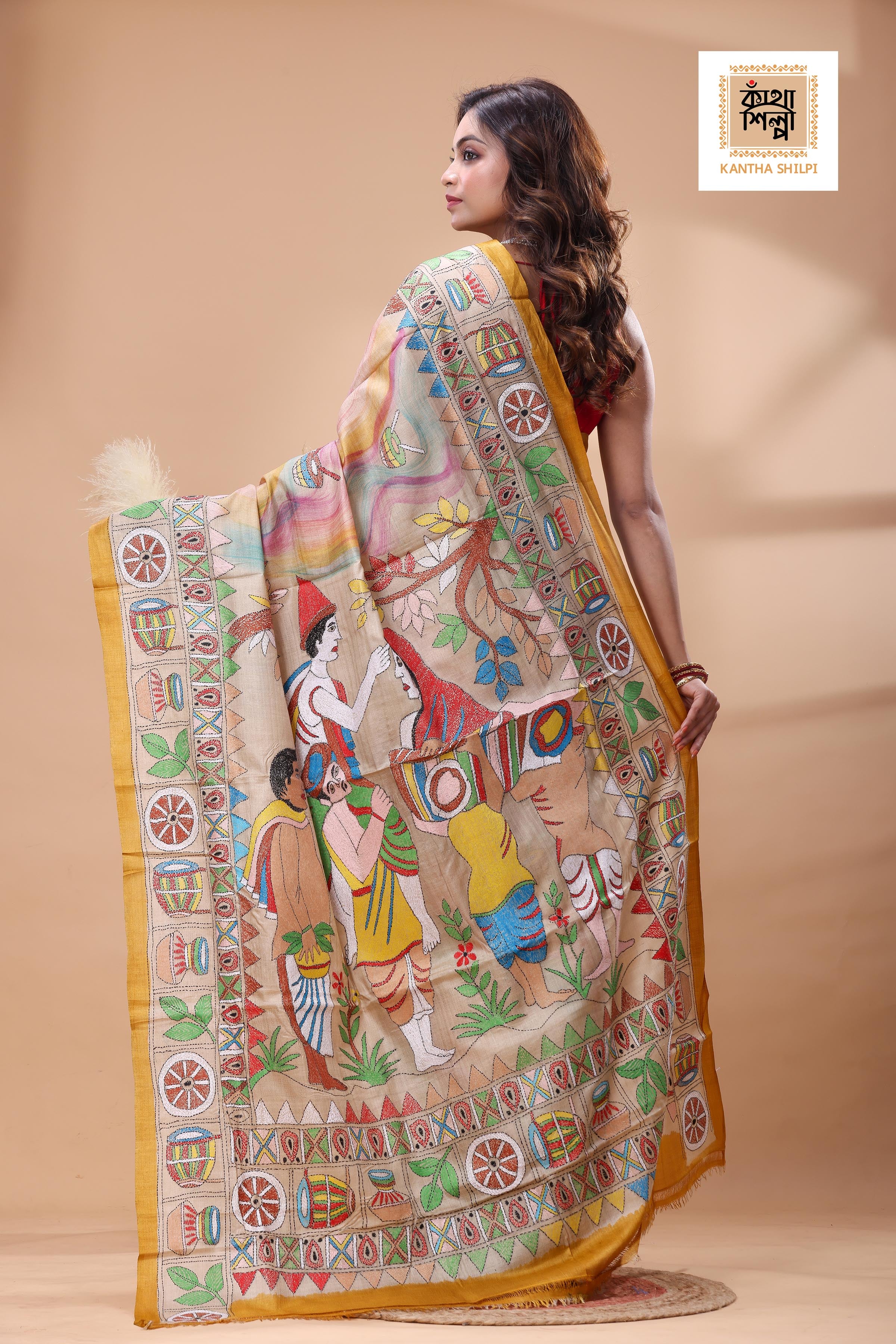 Pure Gachi Tussar Multicolor Thread Work Kantha Stitch Saree