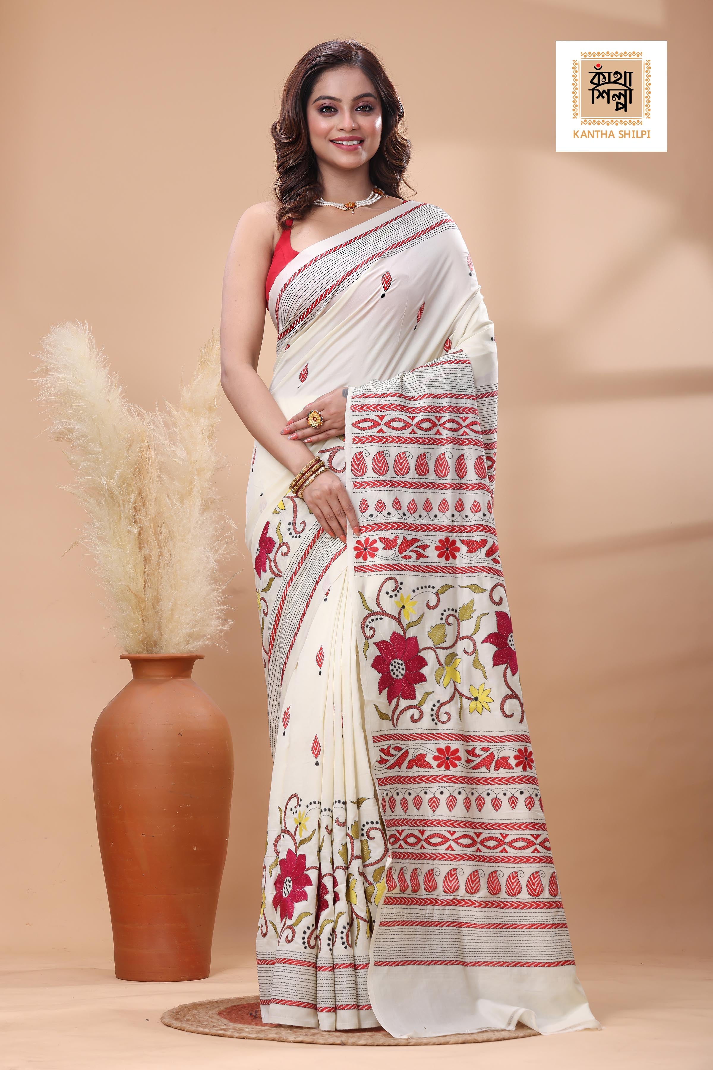 Off White Tussar Silk Multicolor Thread Work Kantha Stitch Saree