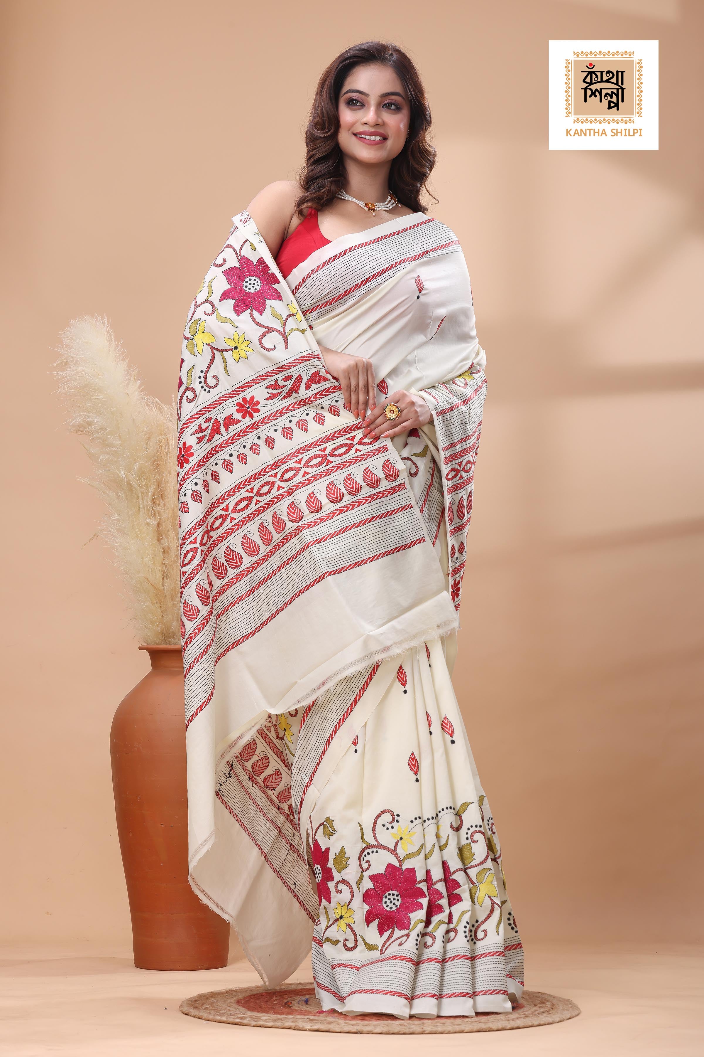 Off White Tussar Silk Multicolor Thread Work Kantha Stitch Saree