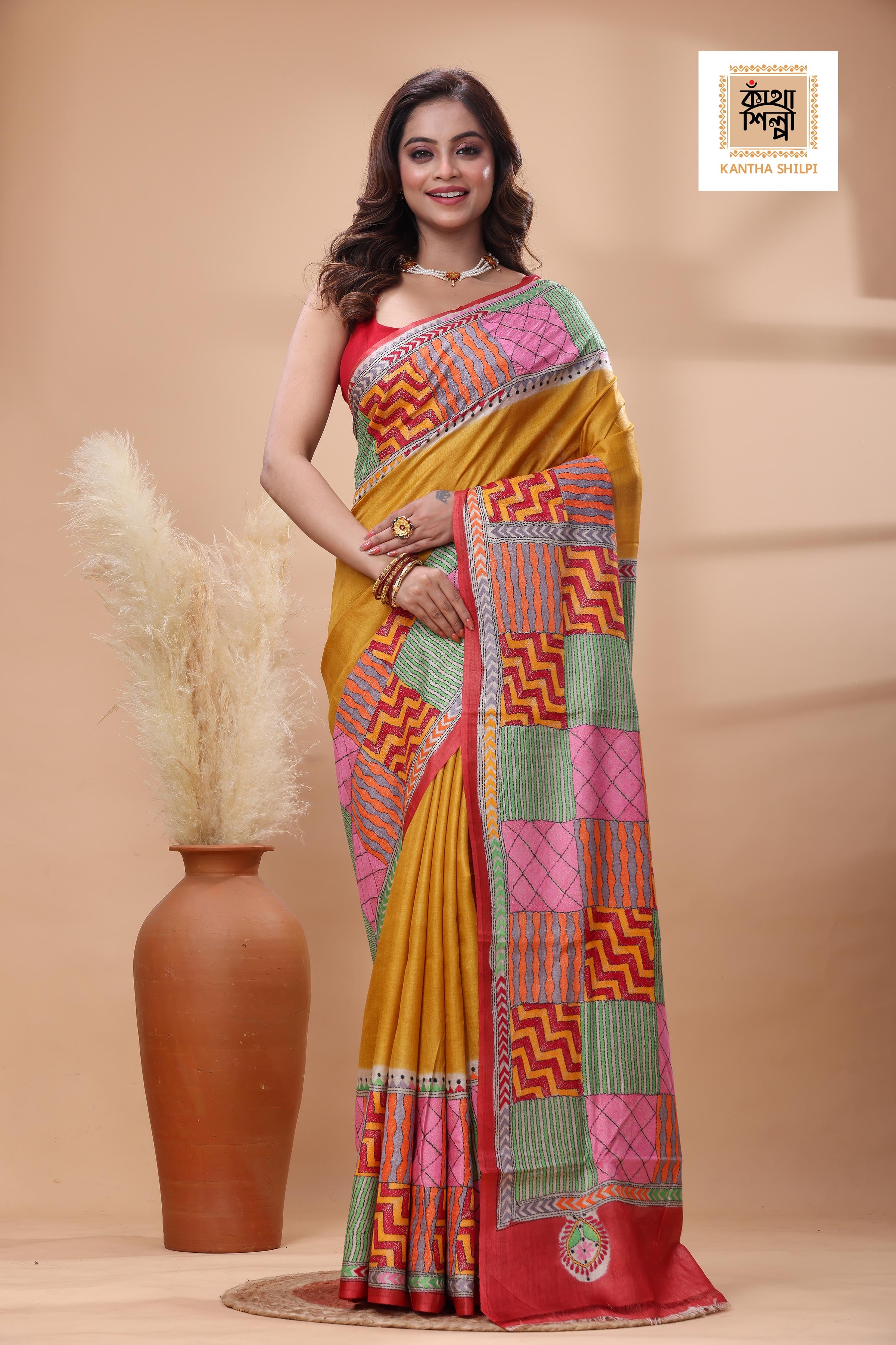 Pure Gachi Dye Tussar Multicolor Thread Work Kantha Stitch Saree