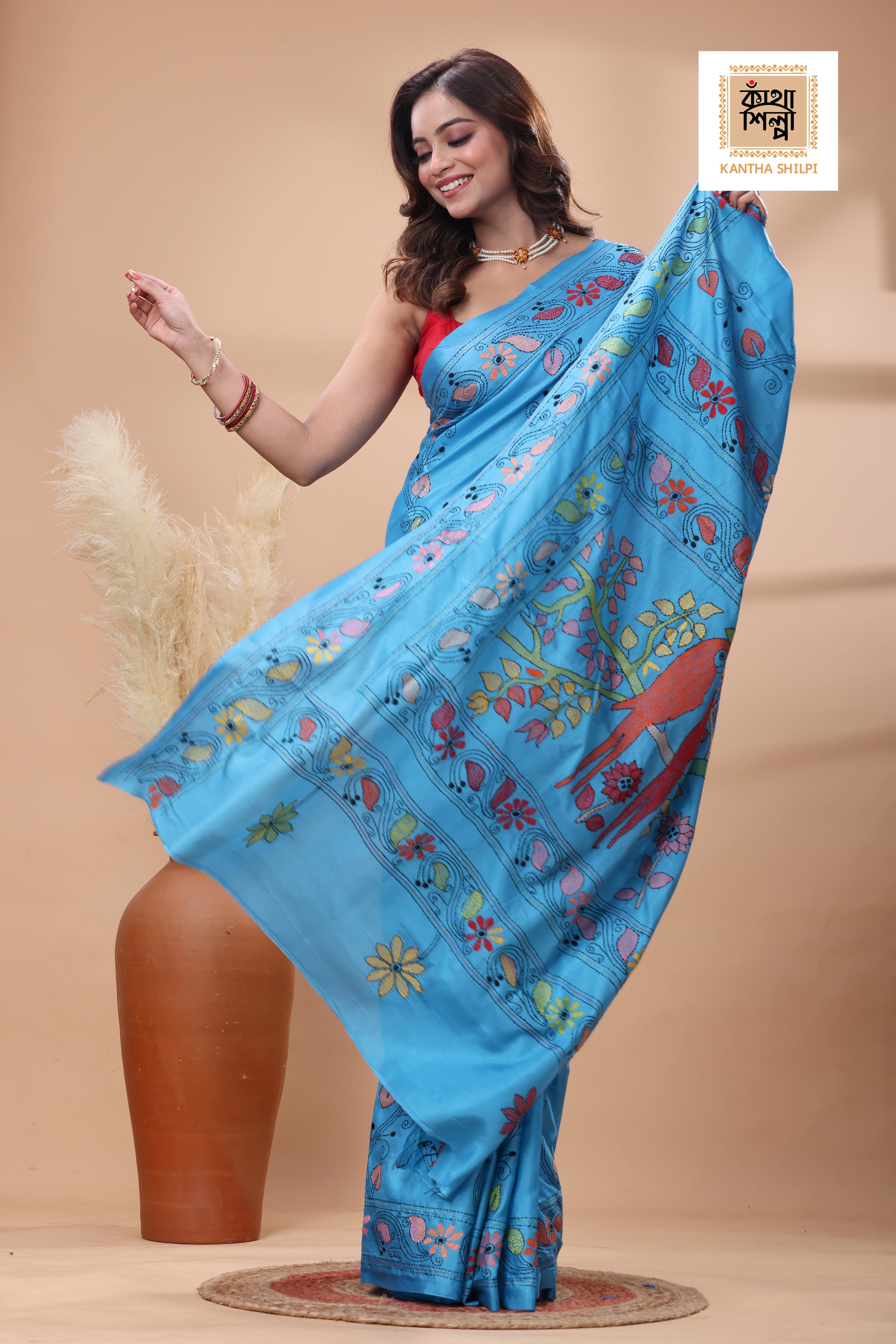 Blue Color Bangalore Silk Multicolor Thread Work Kantha Stitch Saree