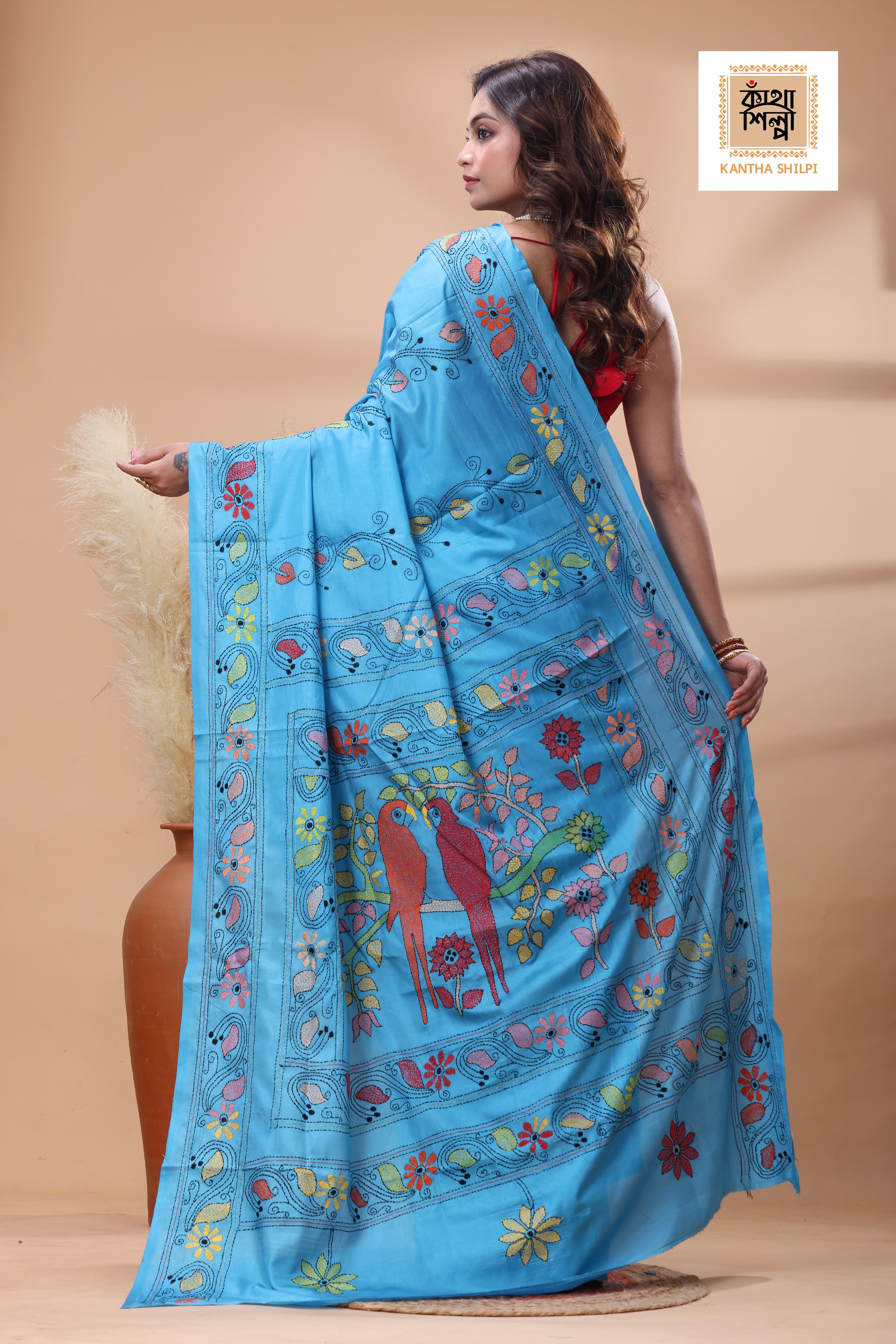 Blue Color Bangalore Silk Multicolor Thread Work Kantha Stitch Saree