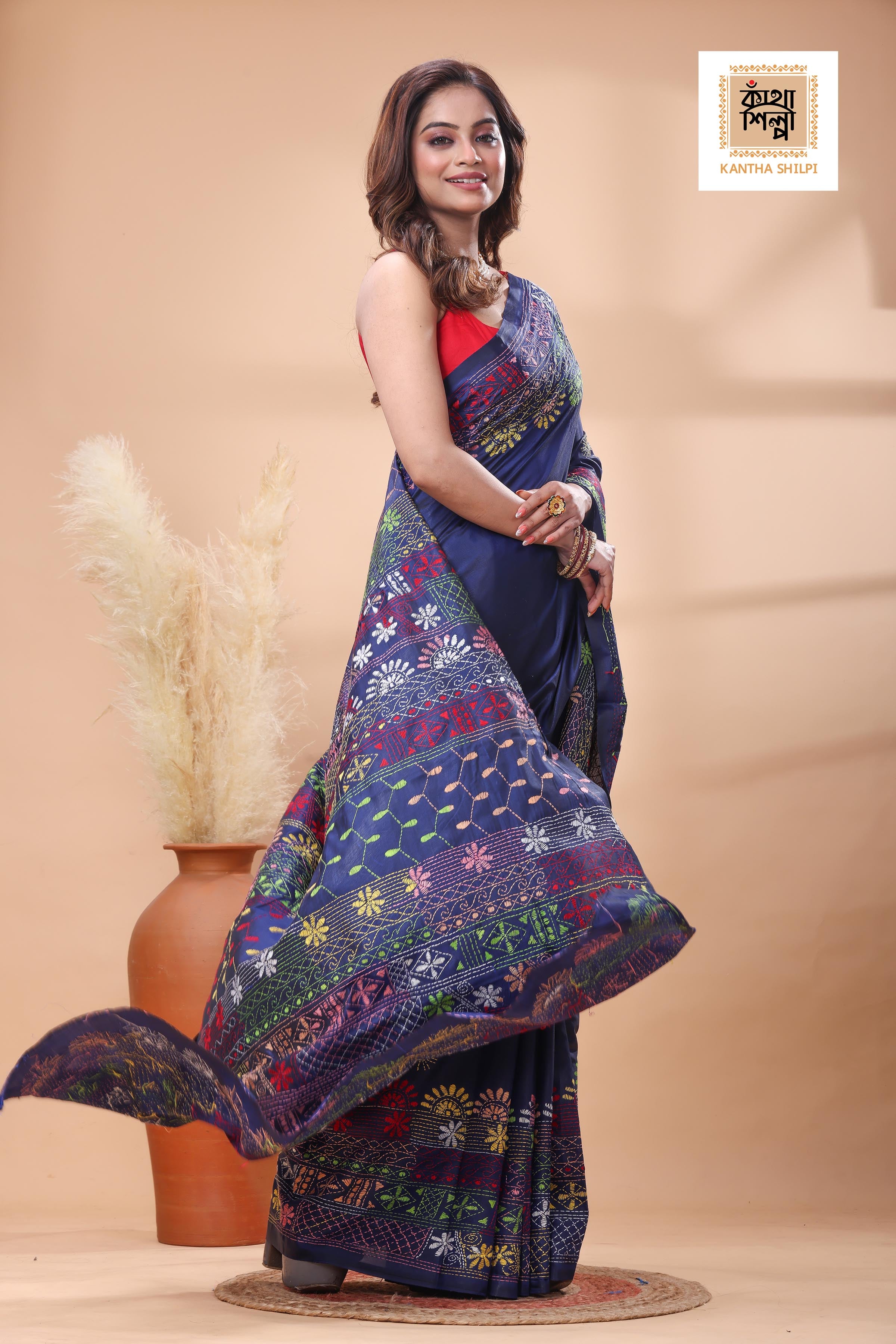 Blue Color Bangalore Silk Multicolor Thread Work Lambani Stitch Saree