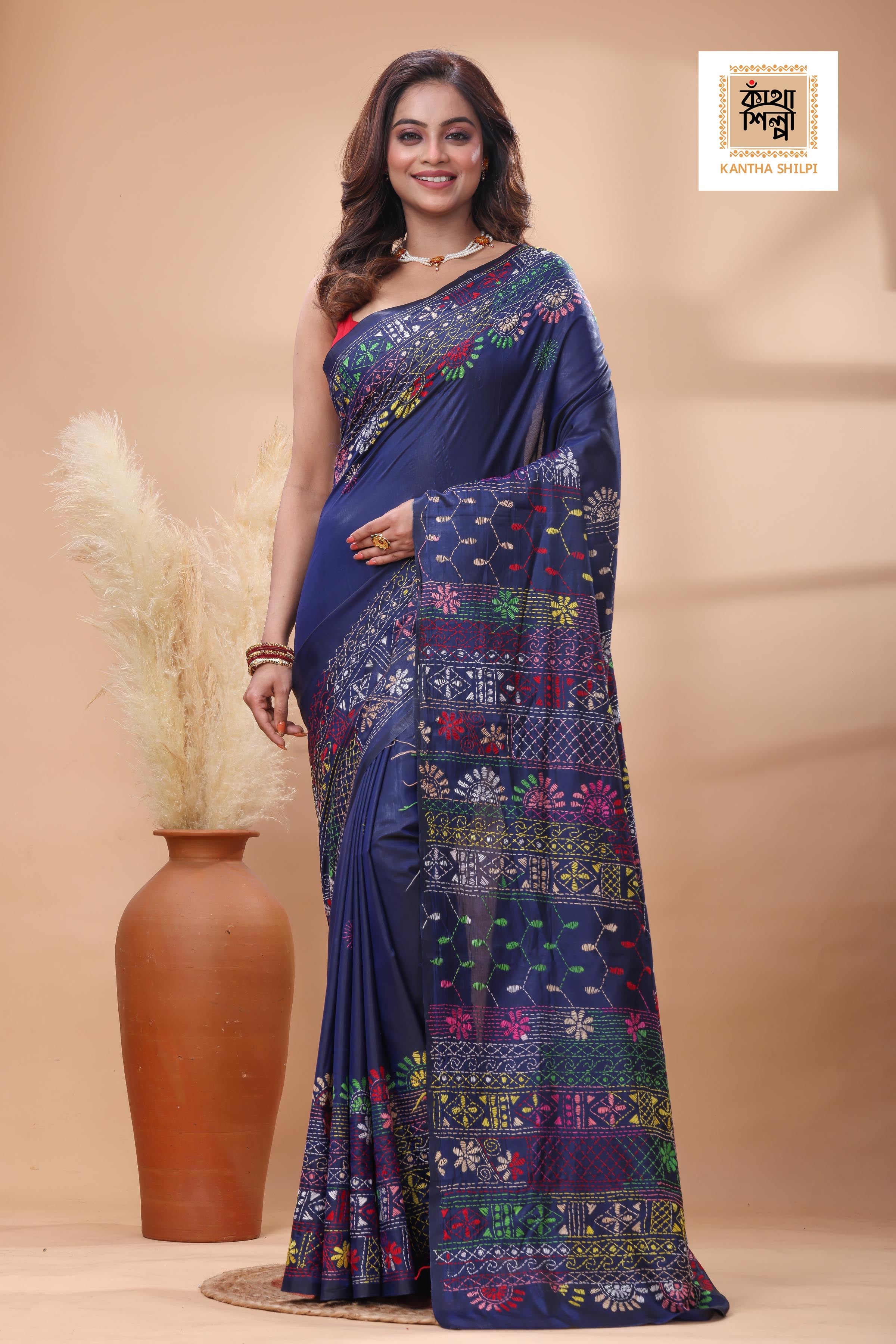 Blue Color Bangalore Silk Multicolor Thread Work Lambani Stitch Saree