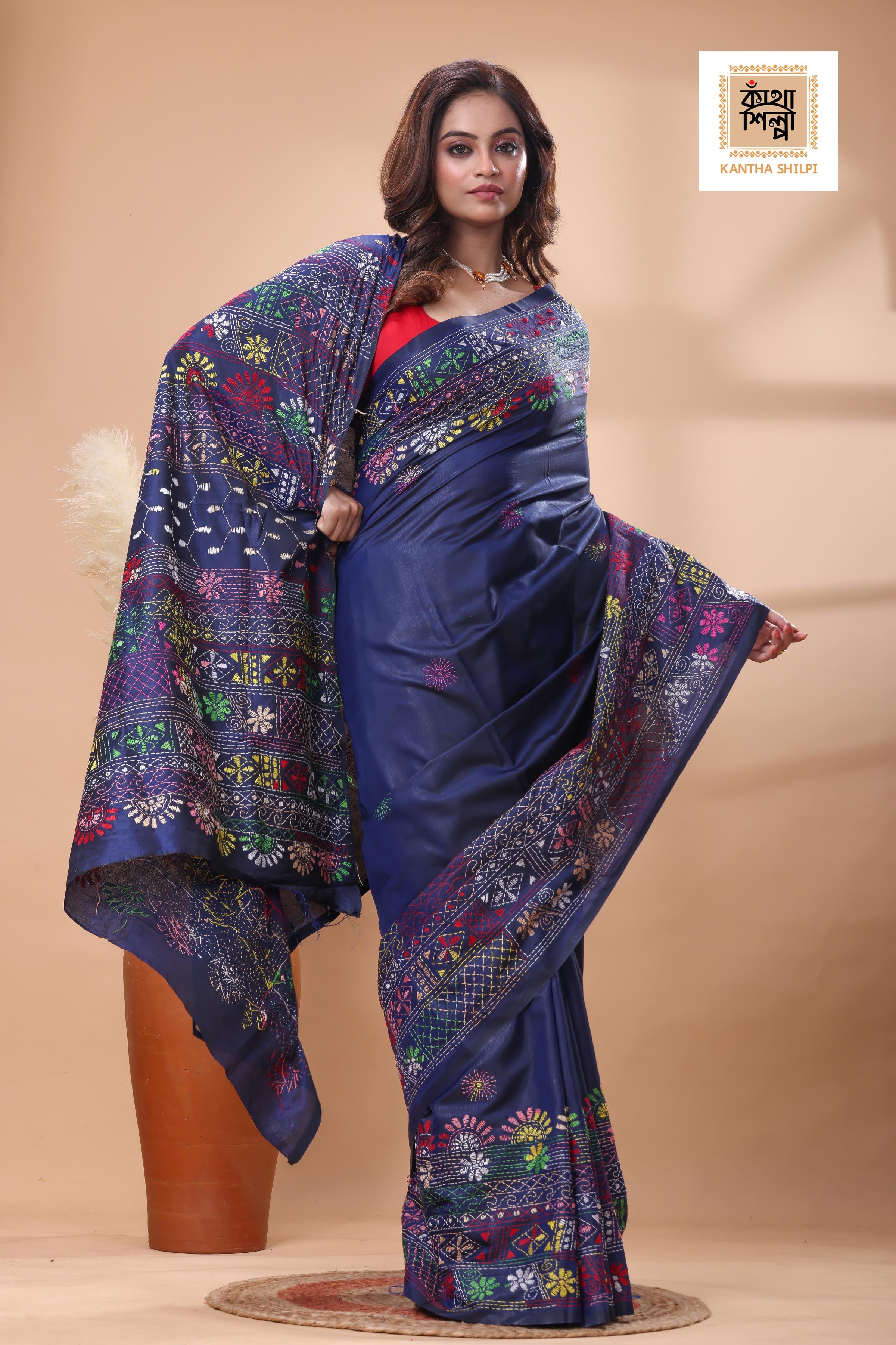 Blue Color Bangalore Silk Multicolor Thread Work Lambani Stitch Saree