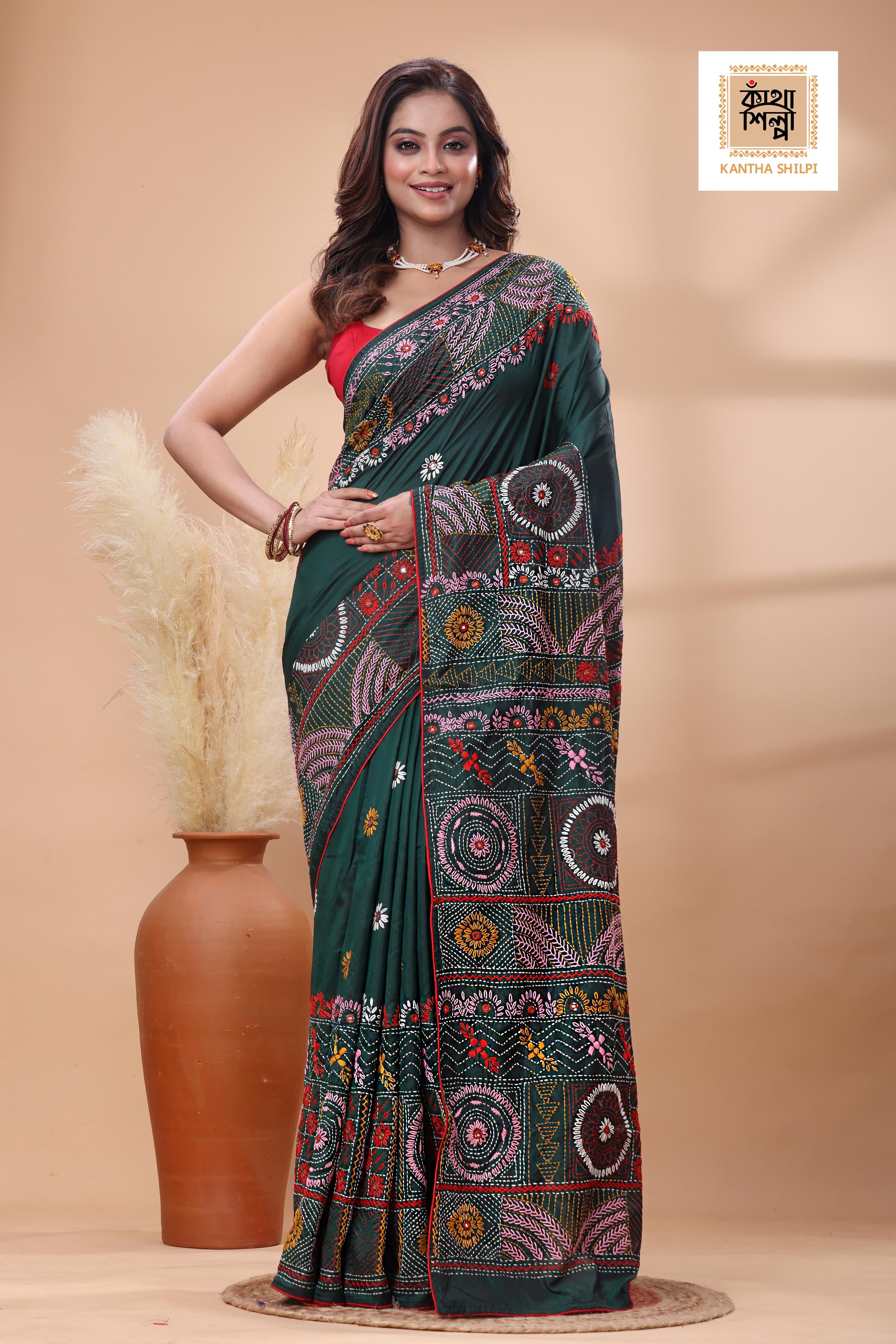 Green Color Bangalore Silk Multicolor Thread Work Lambani Stitch Saree