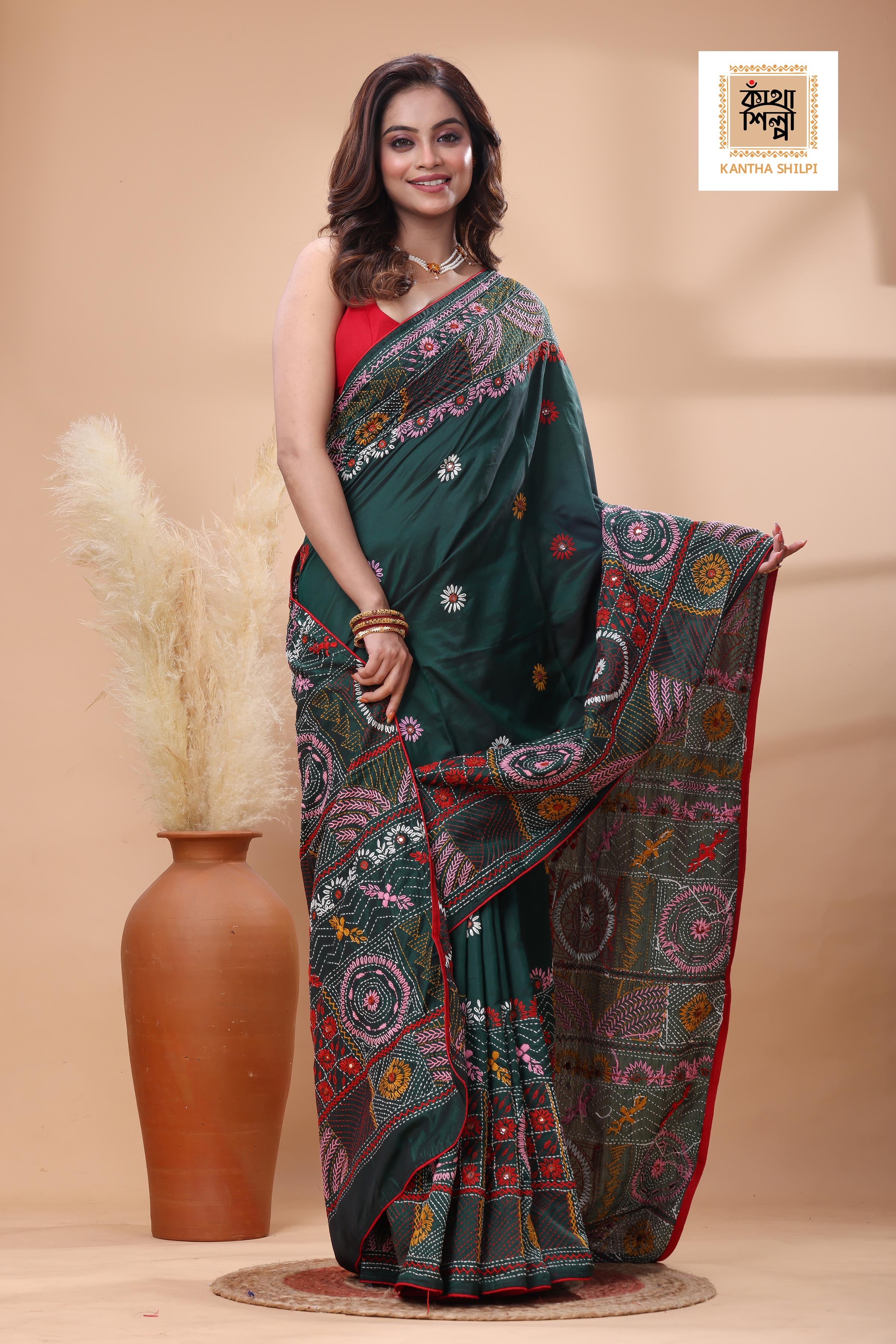 Green Color Bangalore Silk Multicolor Thread Work Lambani Stitch Saree