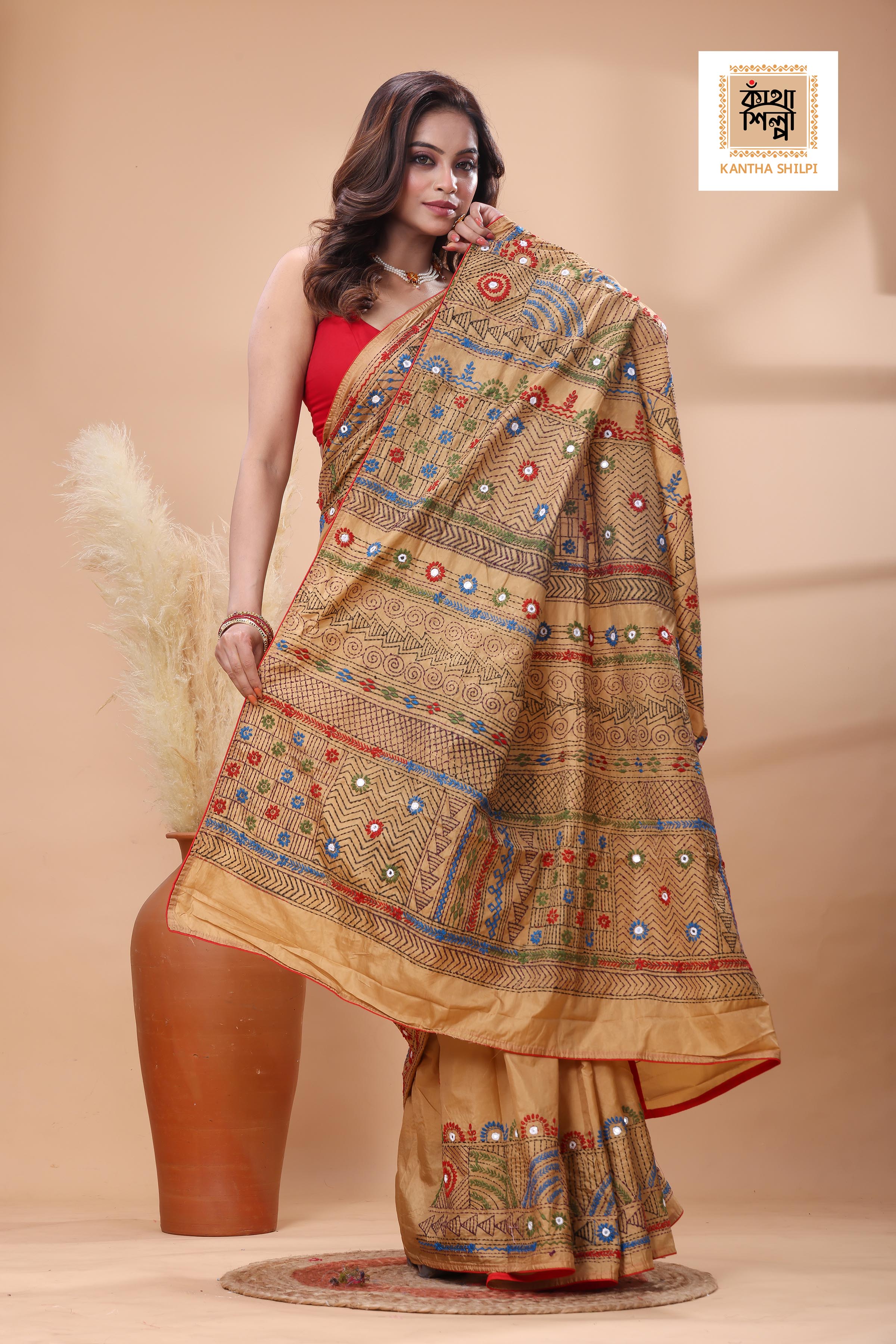 Beige Color Bangalore Silk Multicolor Thread Work Lambani Stitch Saree