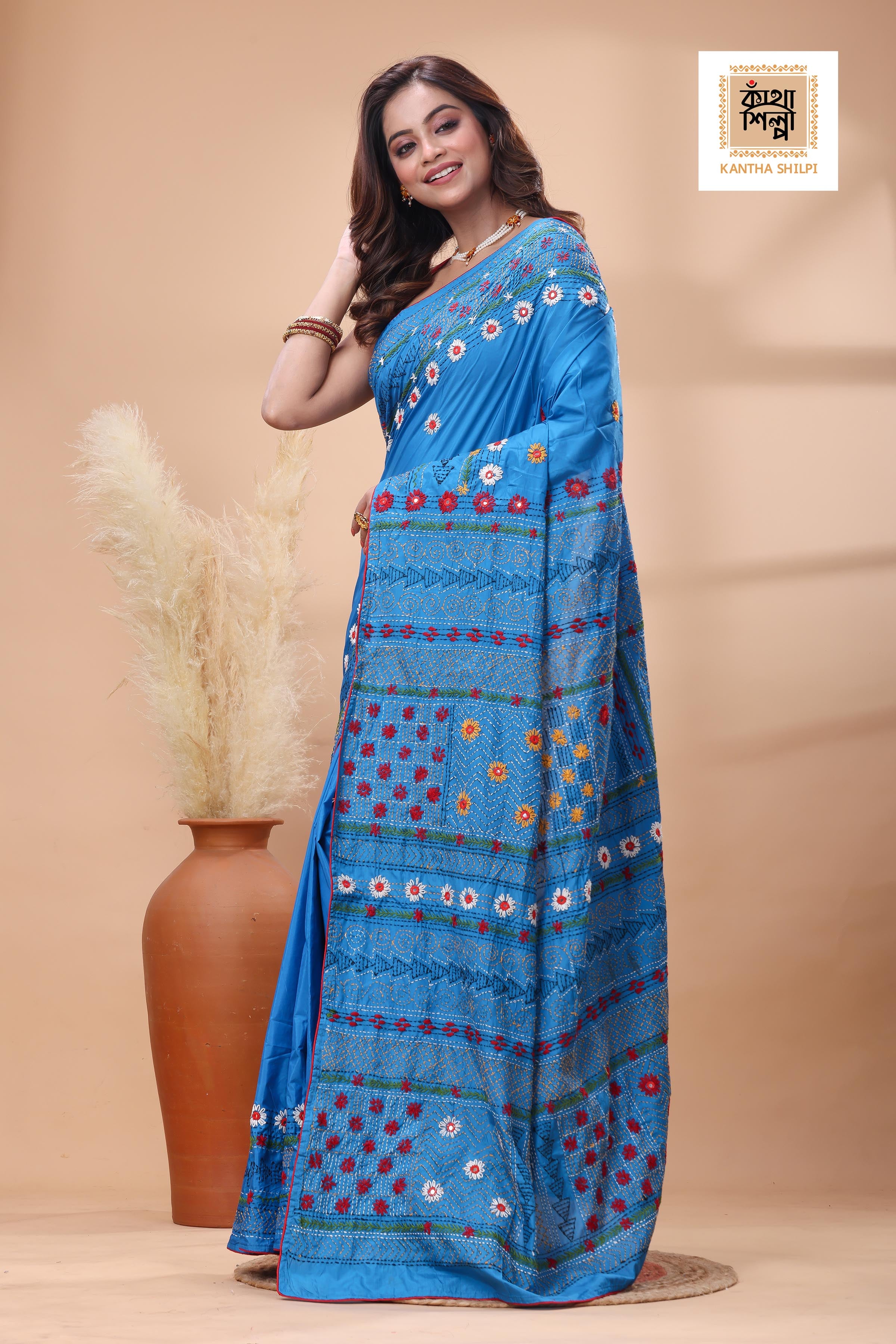 Blue Color Bangalore Silk Multicolor Thread Work Lambani Stitch Saree
