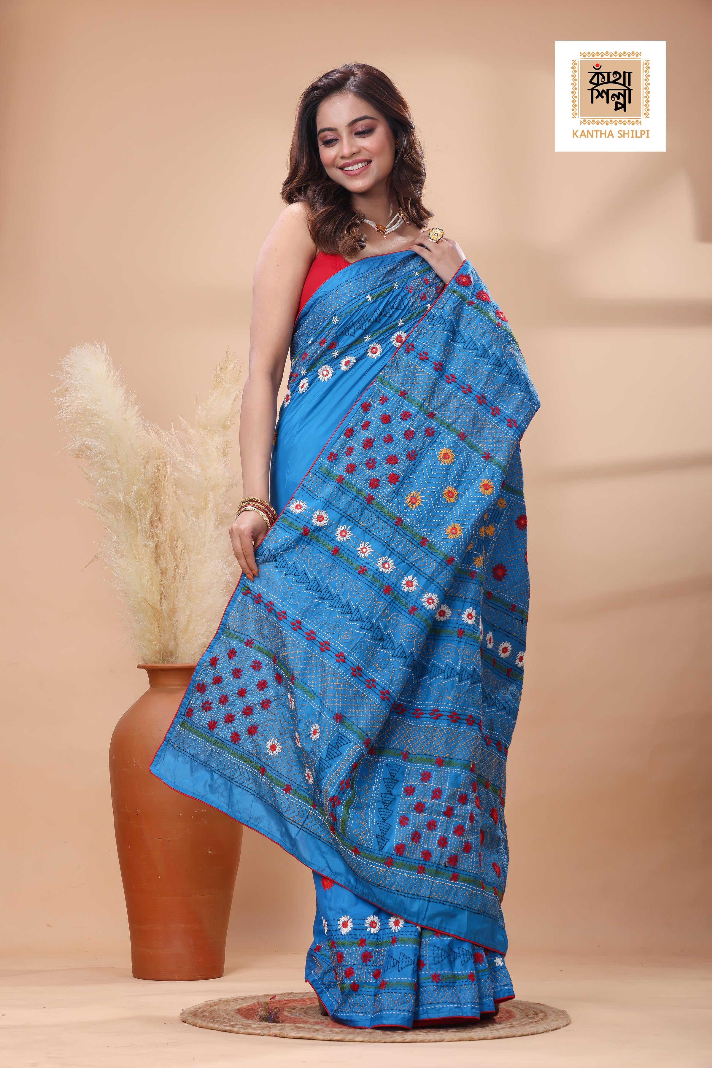 Blue Color Bangalore Silk Multicolor Thread Work Lambani Stitch Saree