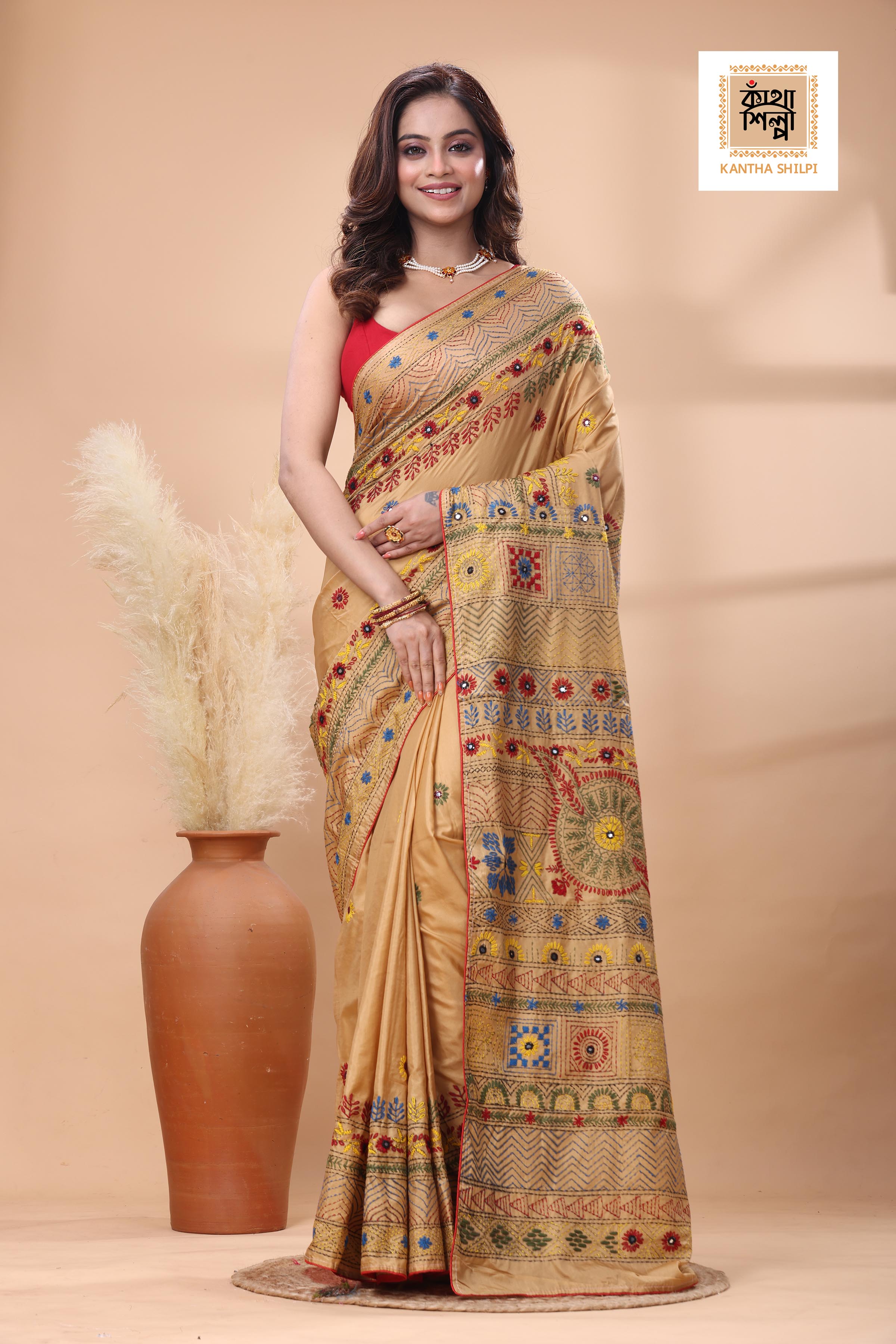 Beige Color Bangalore Silk Multicolor Thread Work Lambani Stitch Saree