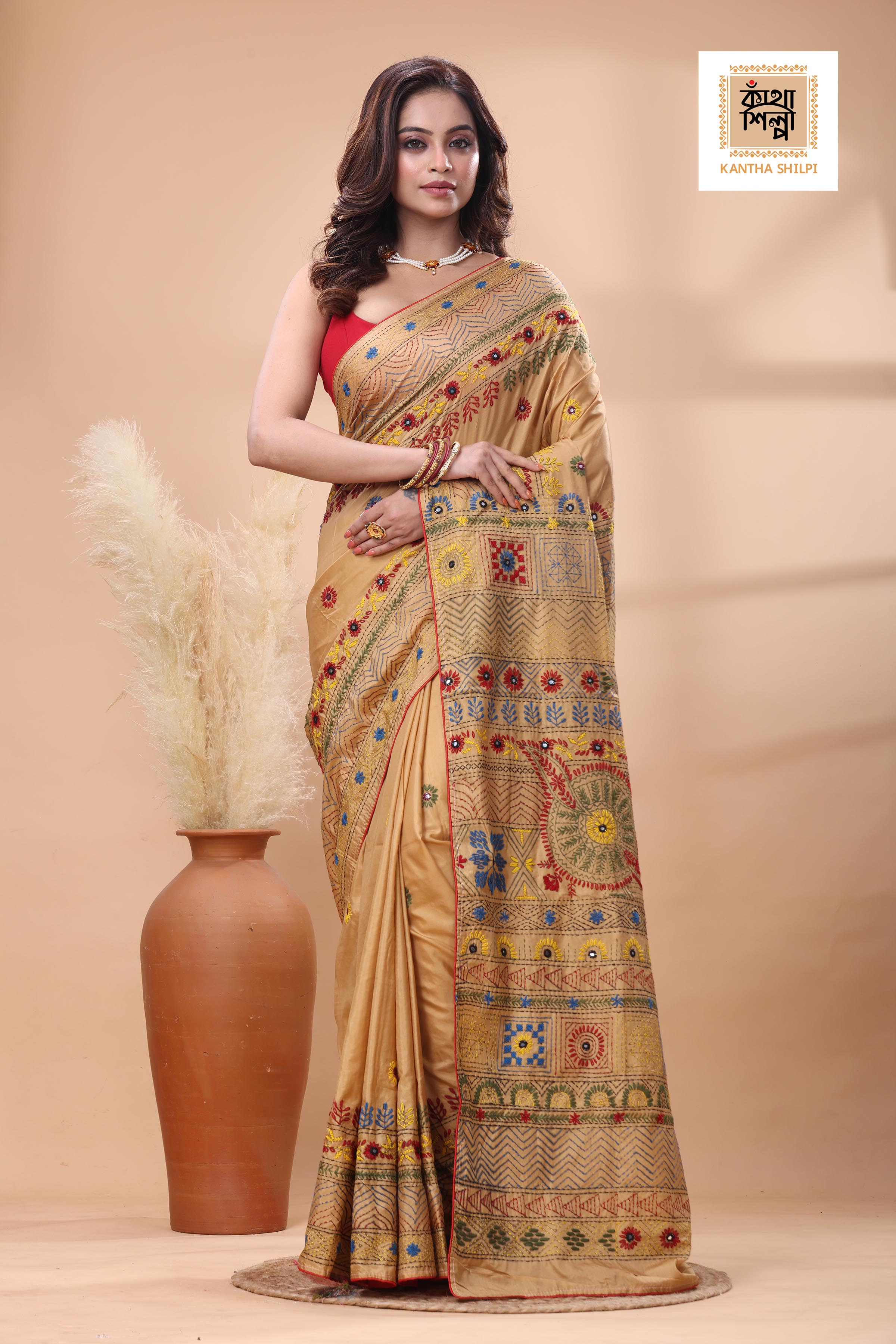 Beige Color Bangalore Silk Multicolor Thread Work Lambani Stitch Saree
