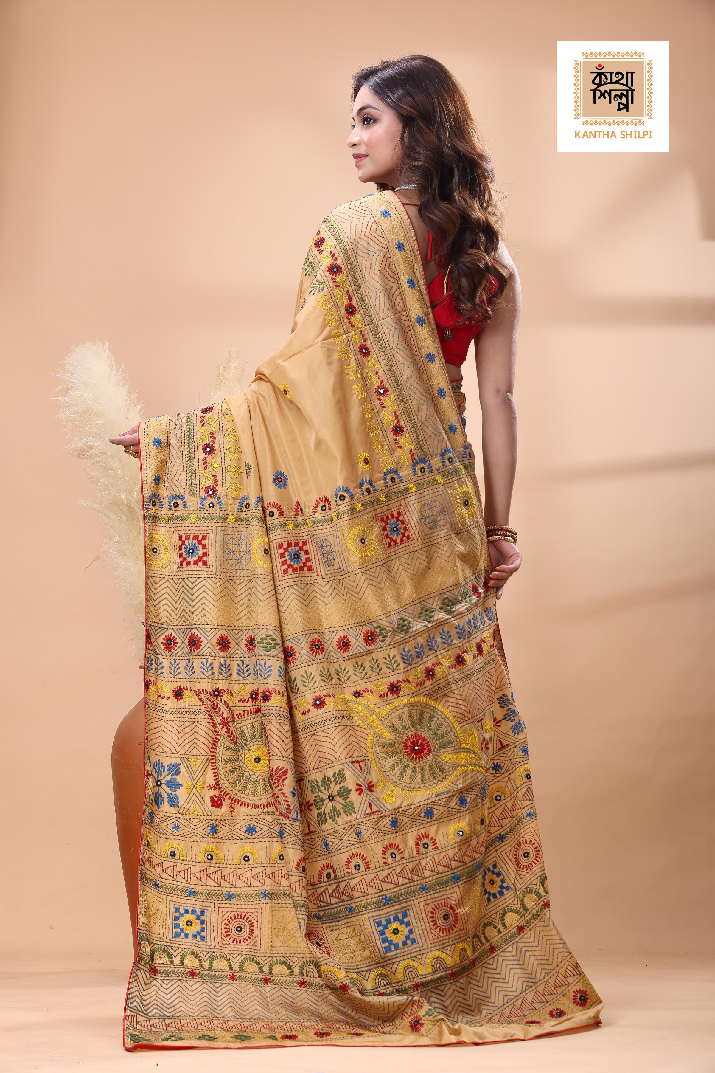Beige Color Bangalore Silk Multicolor Thread Work Lambani Stitch Saree