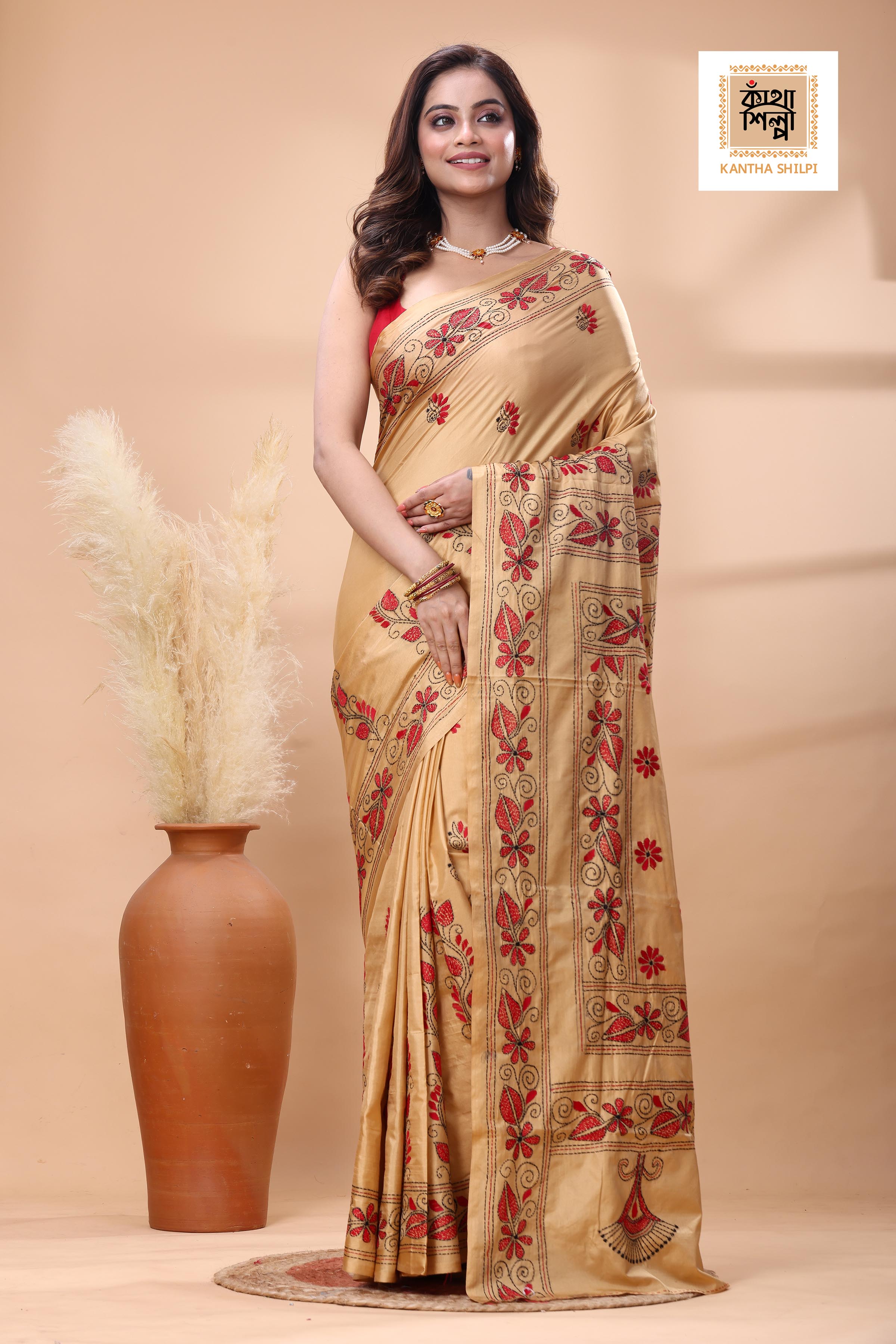 Beige Color Bangalore Silk Red Black Color Thread Work Kantha Stitch Saree