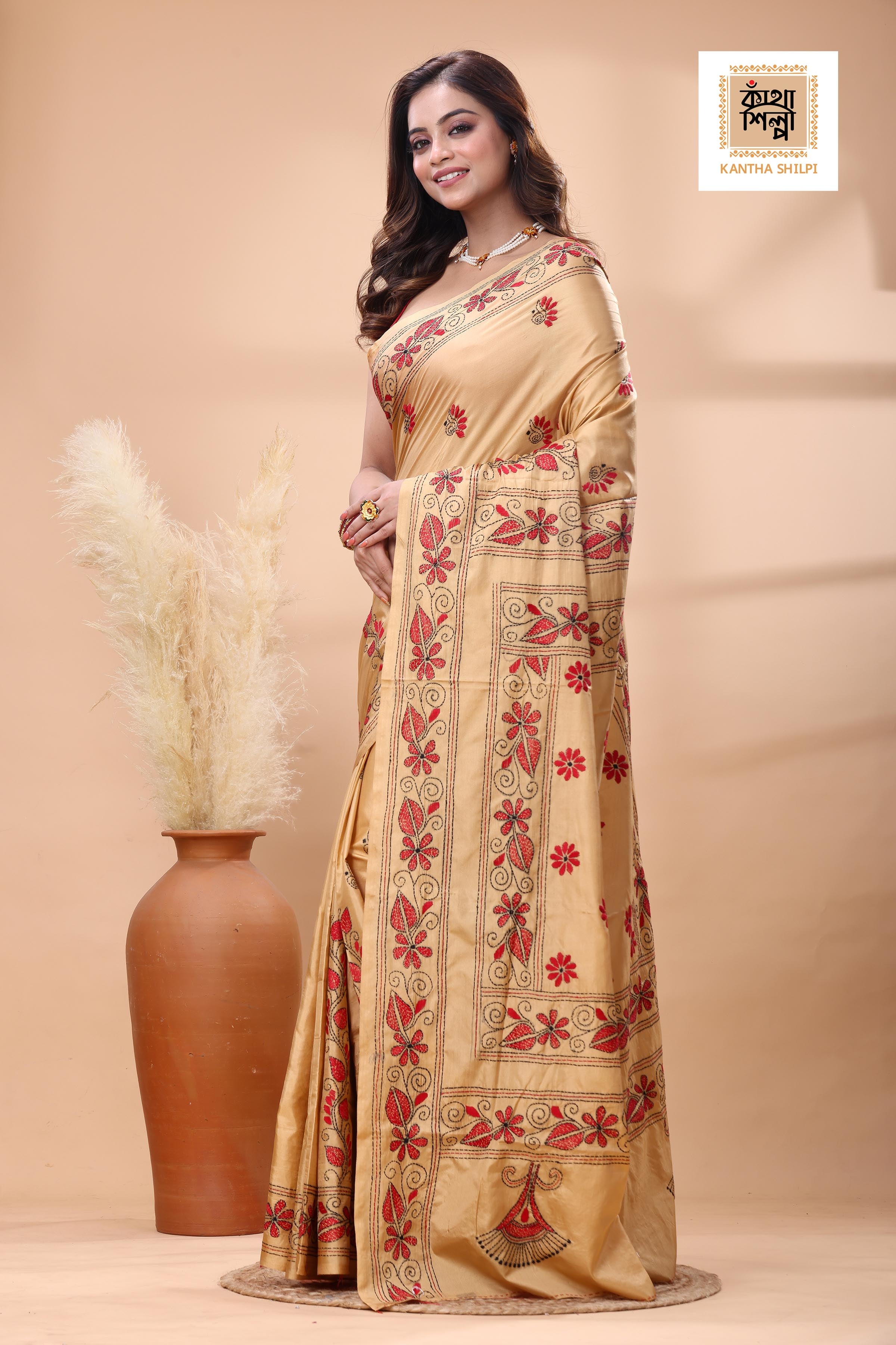 Beige Color Bangalore Silk Red Black Color Thread Work Kantha Stitch Saree