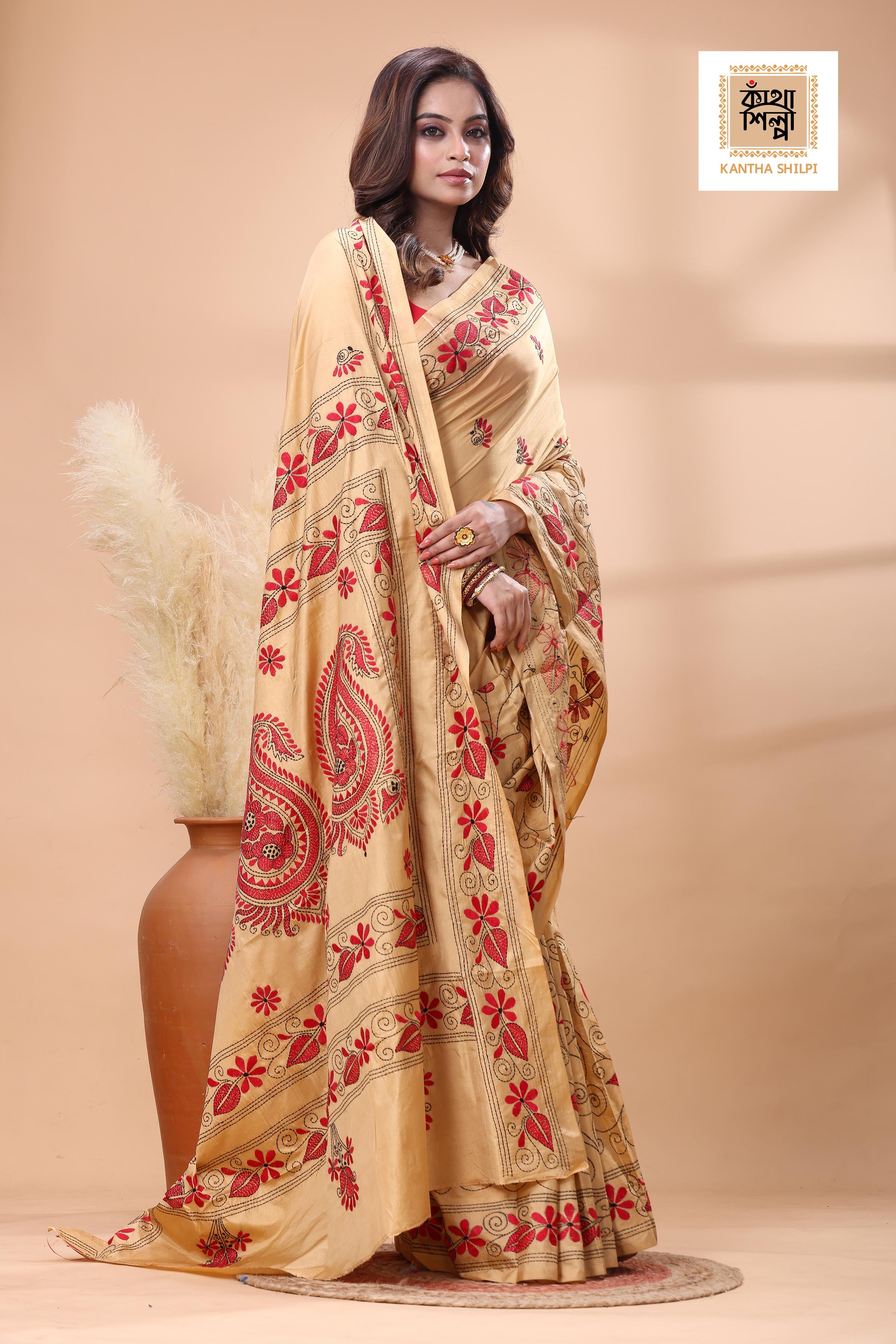 Beige Color Bangalore Silk Red Black Color Thread Work Kantha Stitch Saree
