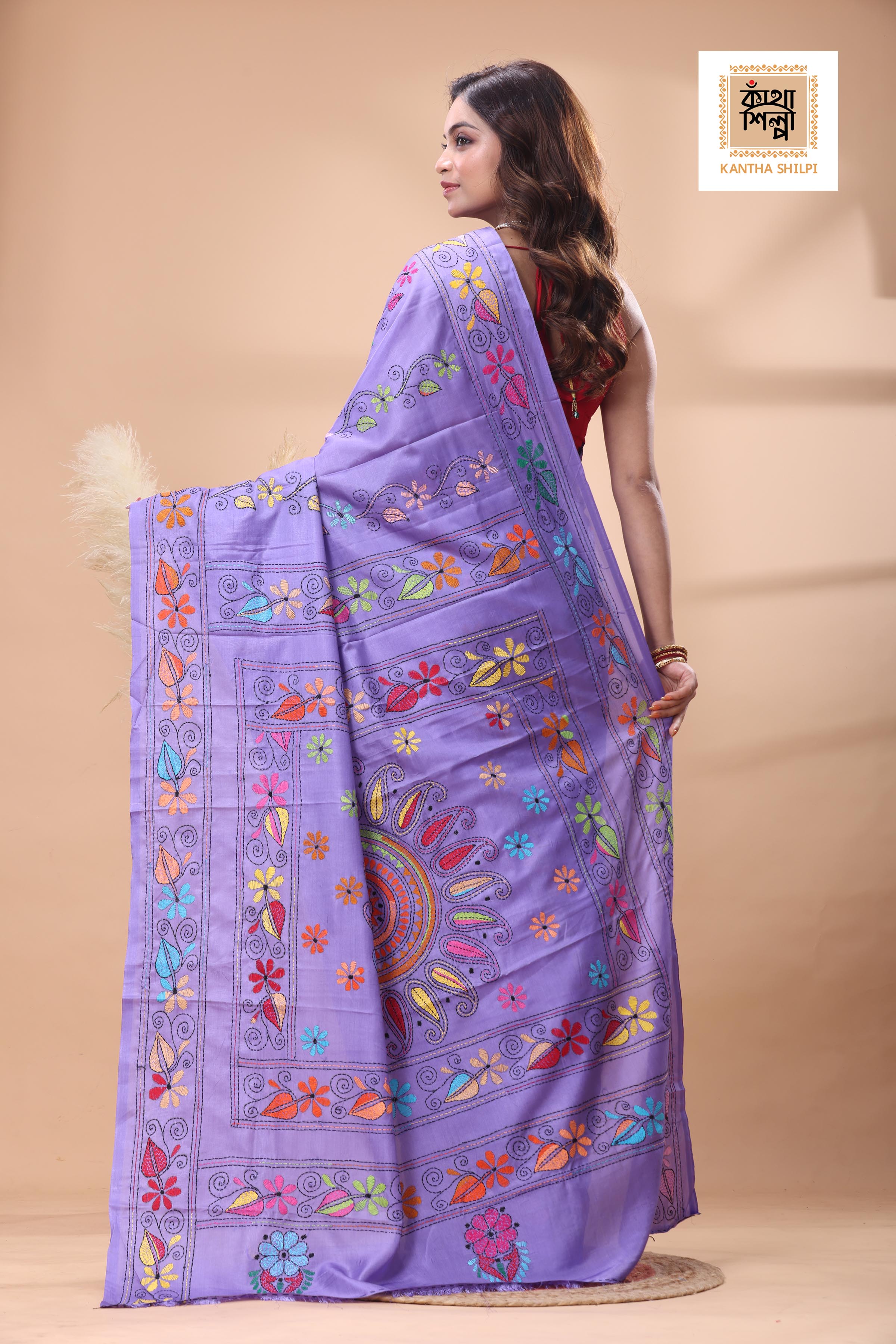 Purple Color Bangalore Silk Multicolor Thread Work Kantha Stitch Saree