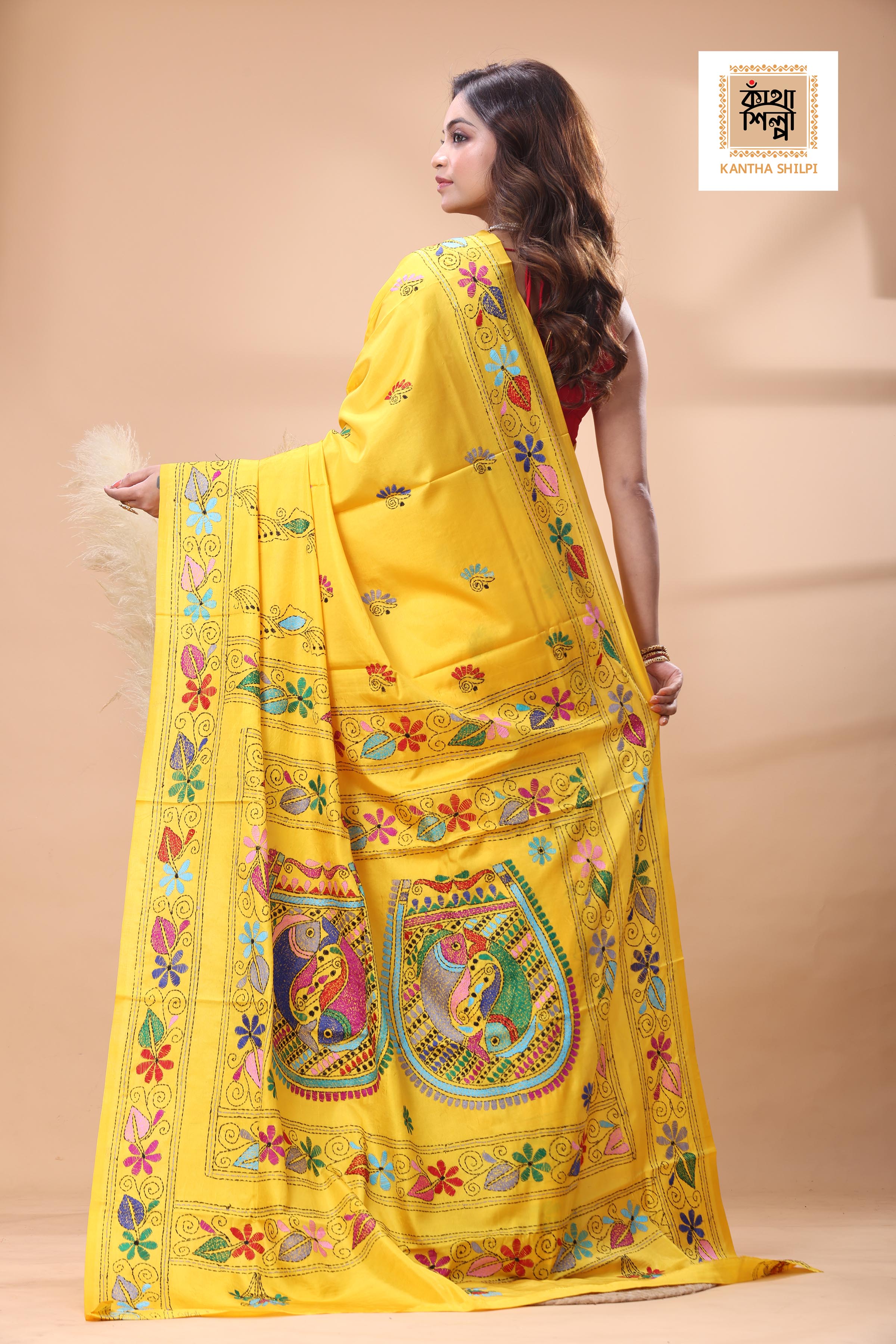 Yellow Color Bangalore Silk Multicolor Thread Work Kantha Stitch Saree