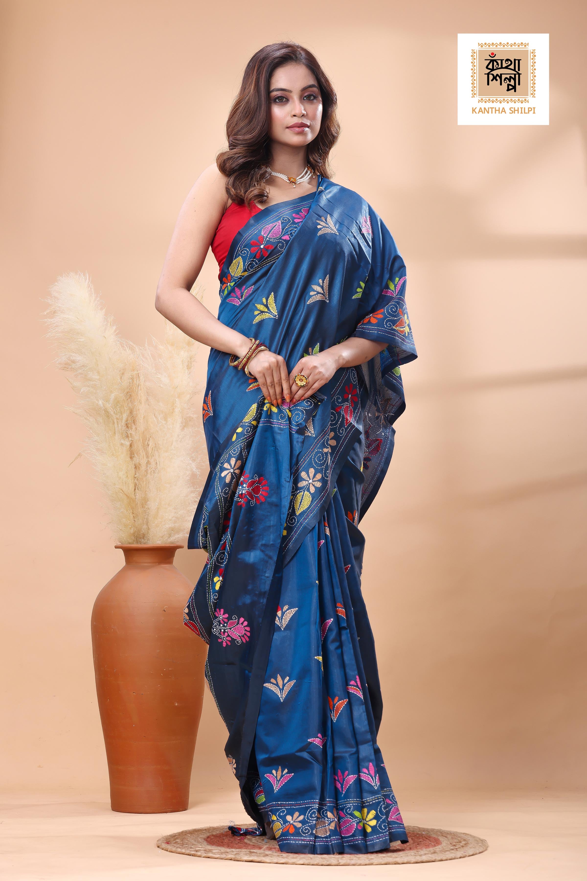 Light Navy Color Bangalore Silk Multicolor Thread Work Kantha Stitch Saree