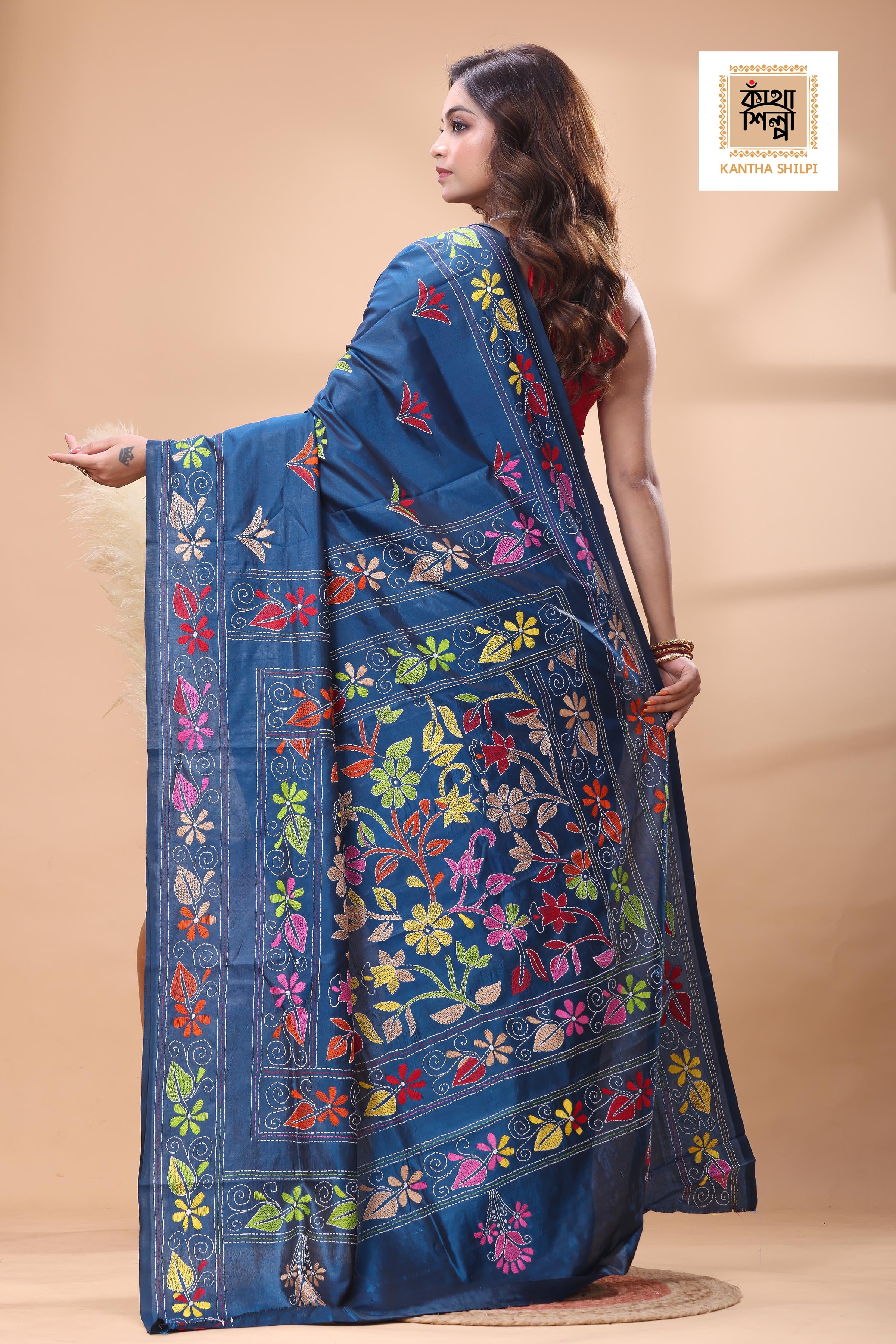Light Navy Color Bangalore Silk Multicolor Thread Work Kantha Stitch Saree