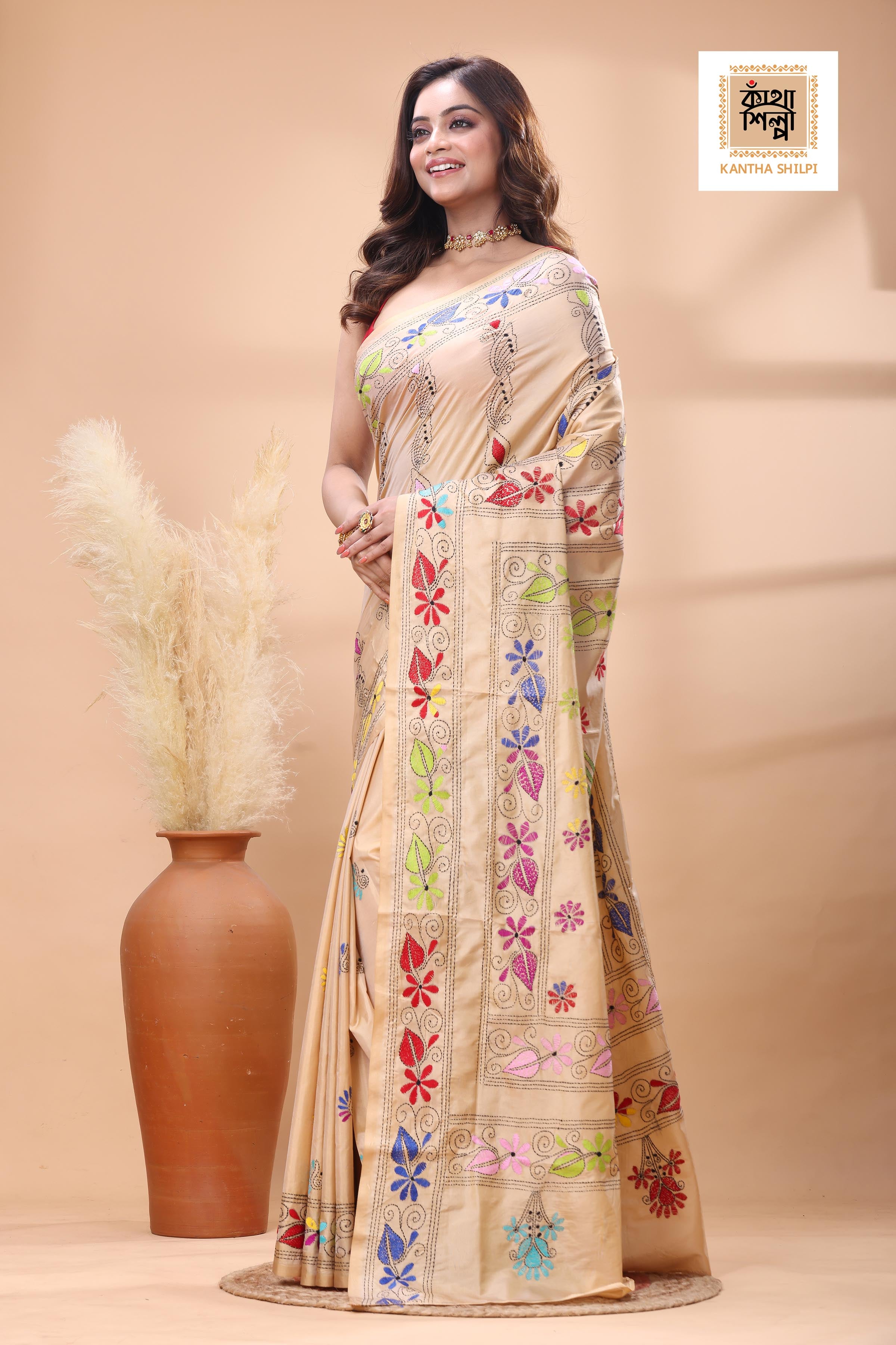 Beige Color Bangalore Silk Multicolor Thread Work Kantha Stitch Saree