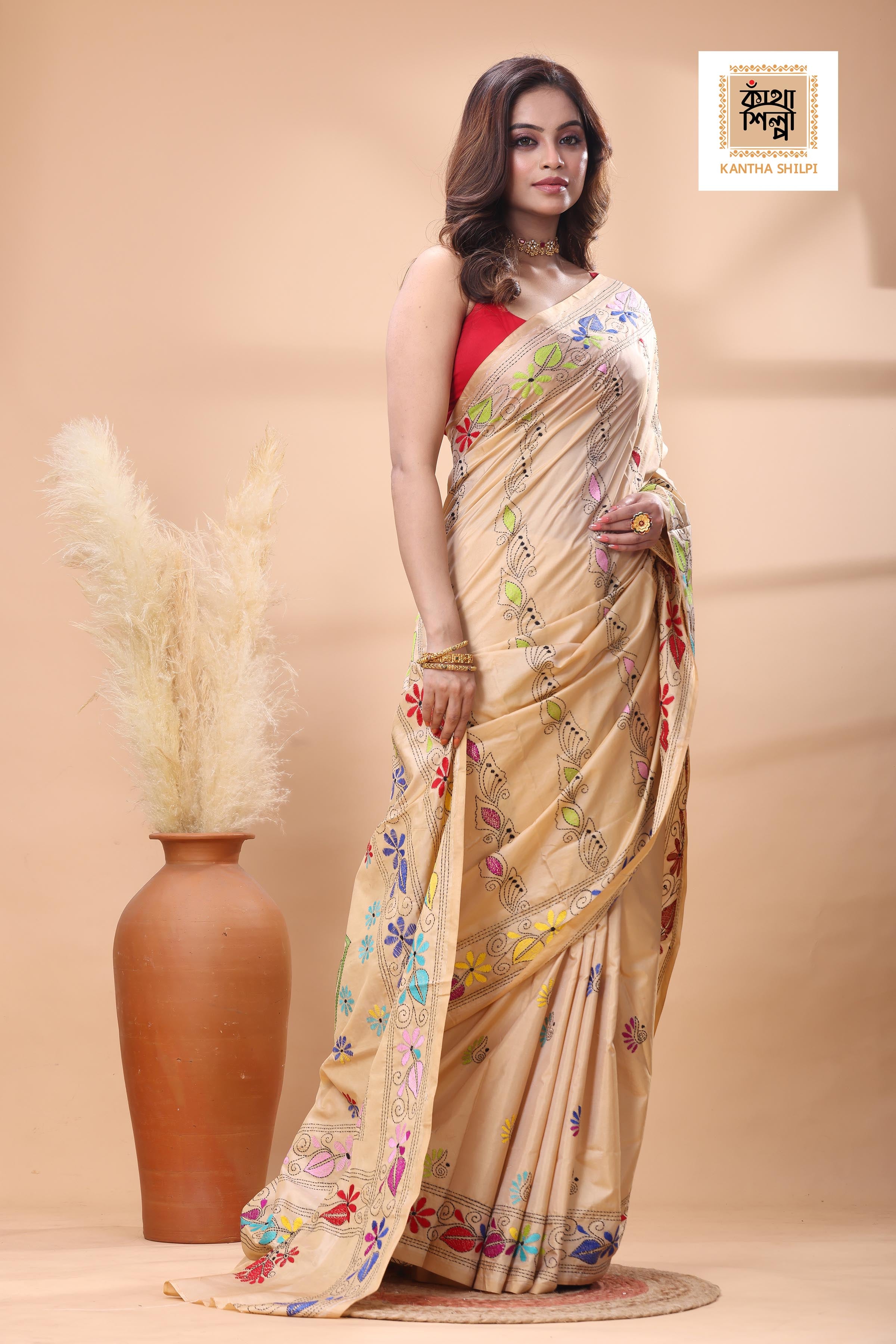 Beige Color Bangalore Silk Multicolor Thread Work Kantha Stitch Saree