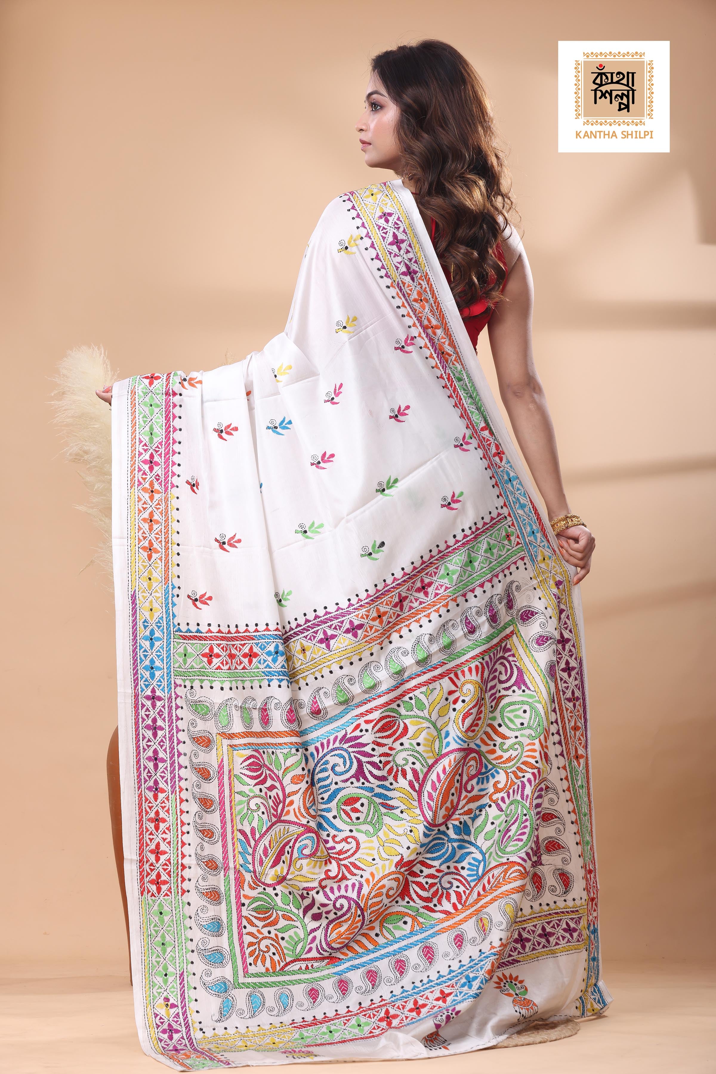White Color Bangalore Silk Multicolor Thread Work Kantha Stitch Saree