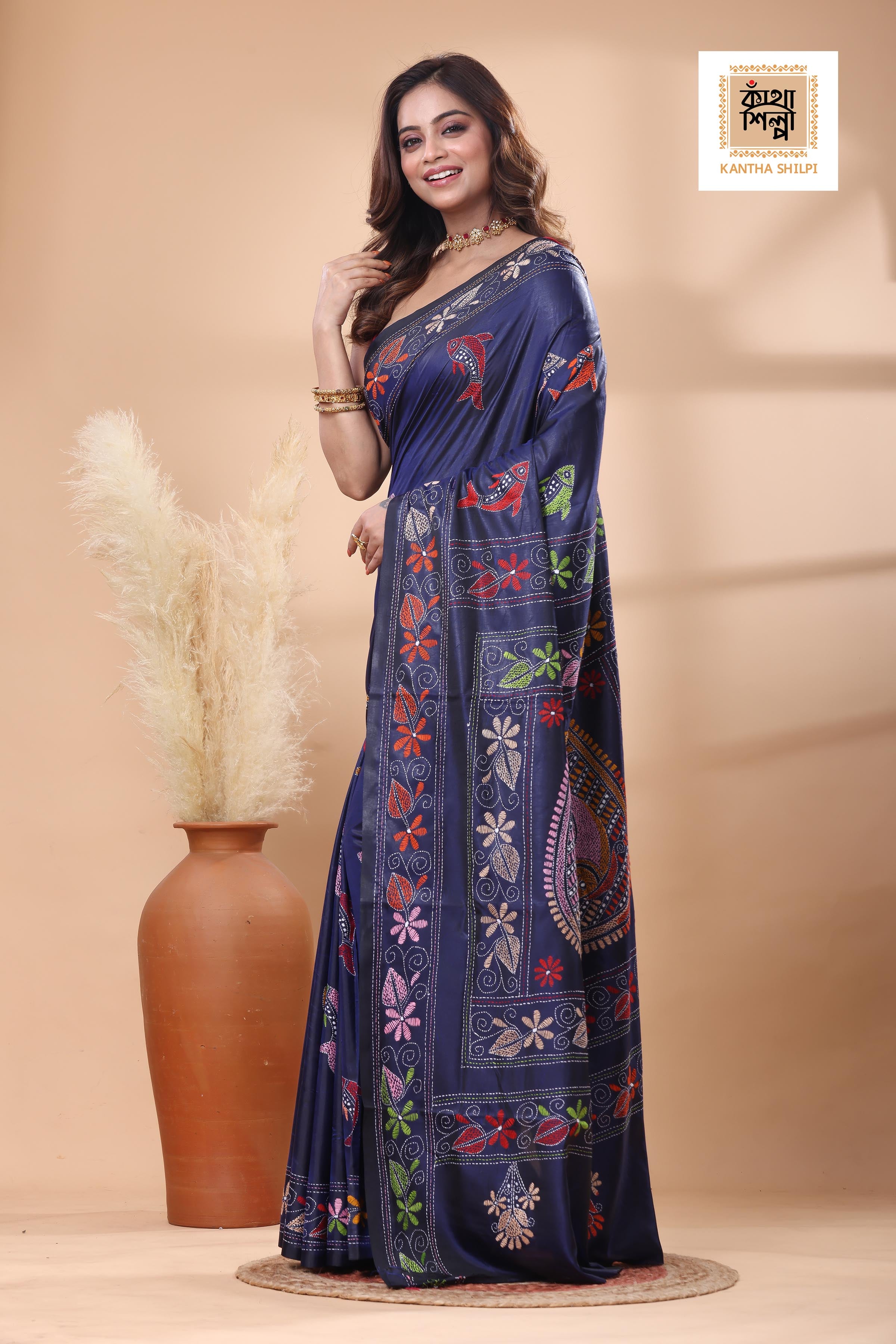 Blue Color Bangalore Silk Multicolor Thread Work Kantha Stitch Saree