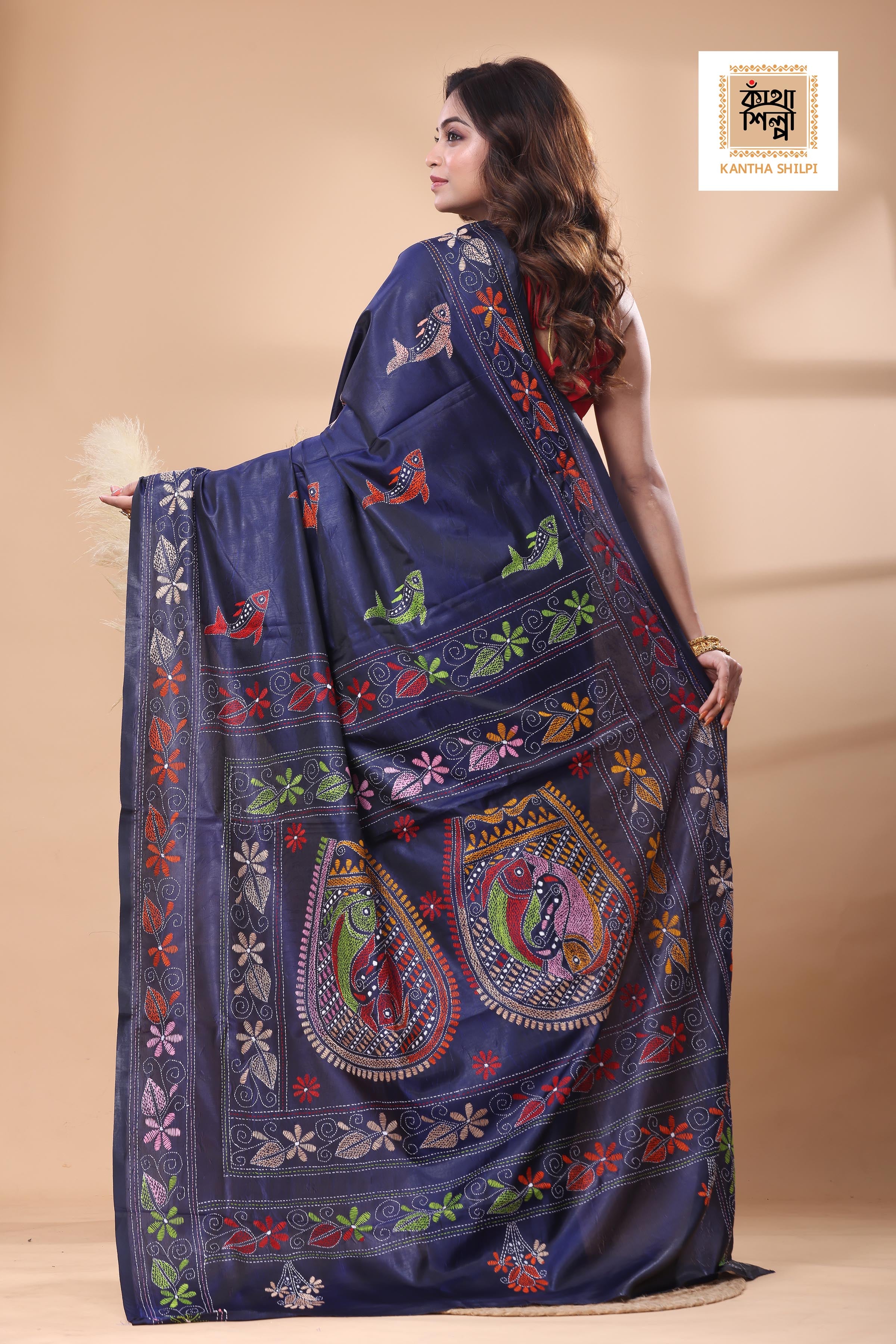 Blue Color Bangalore Silk Multicolor Thread Work Kantha Stitch Saree