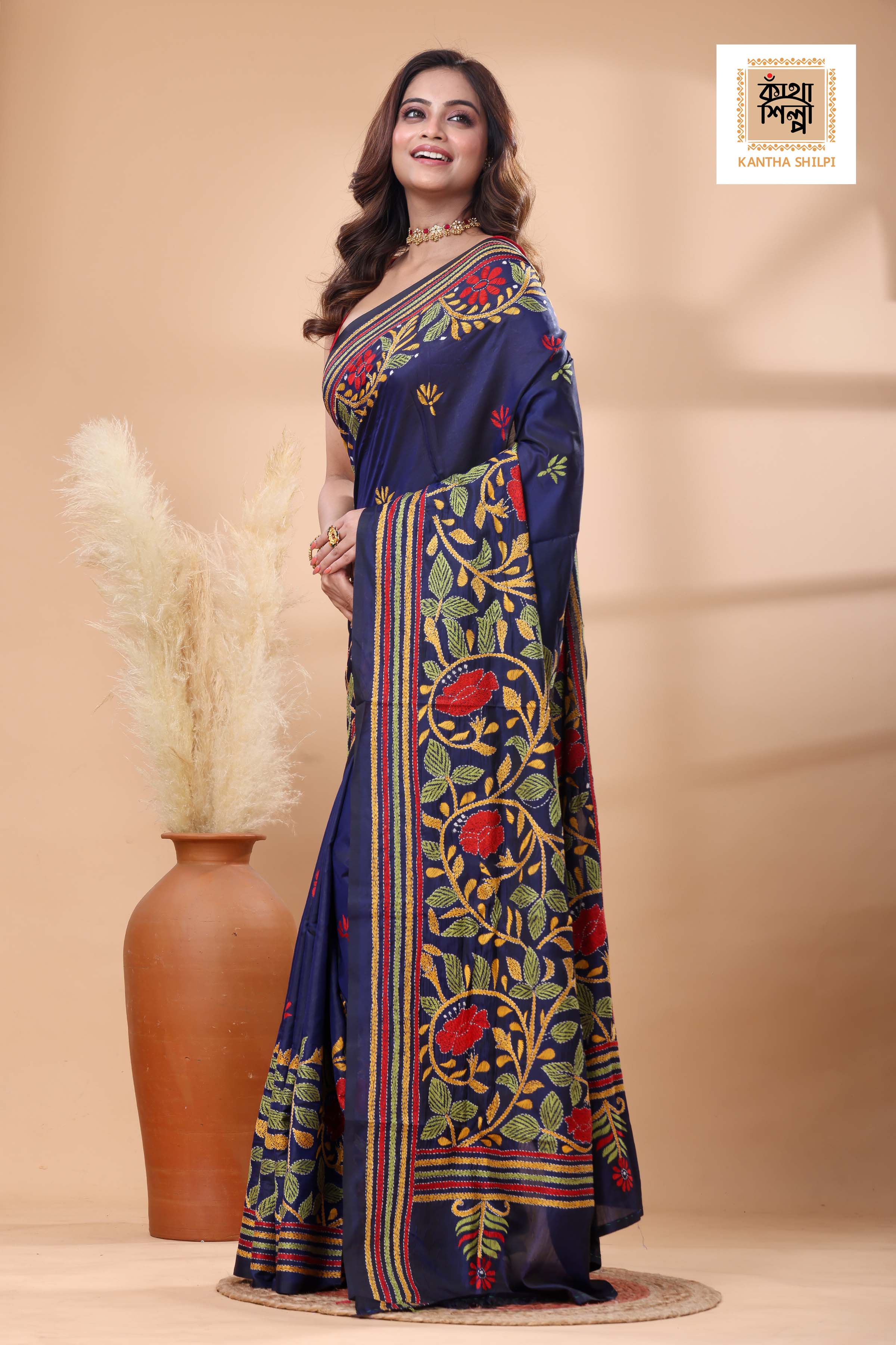 Blue Color Bangalore Silk Multicolor Thread Work Kantha Stitch Saree