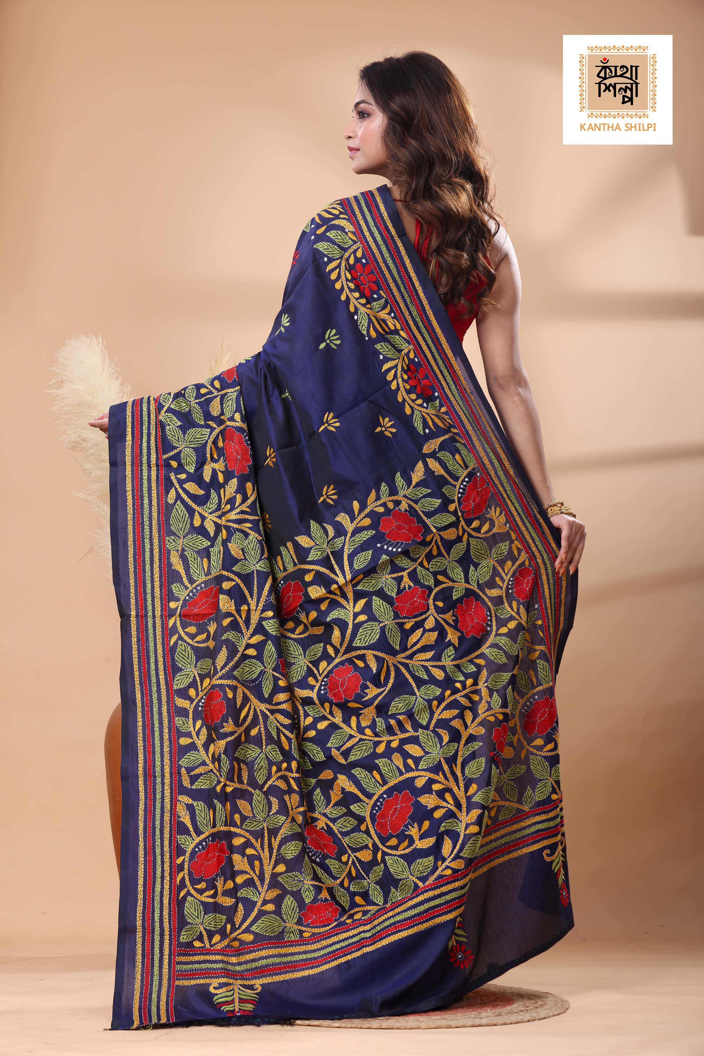 Blue Color Bangalore Silk Multicolor Thread Work Kantha Stitch Saree