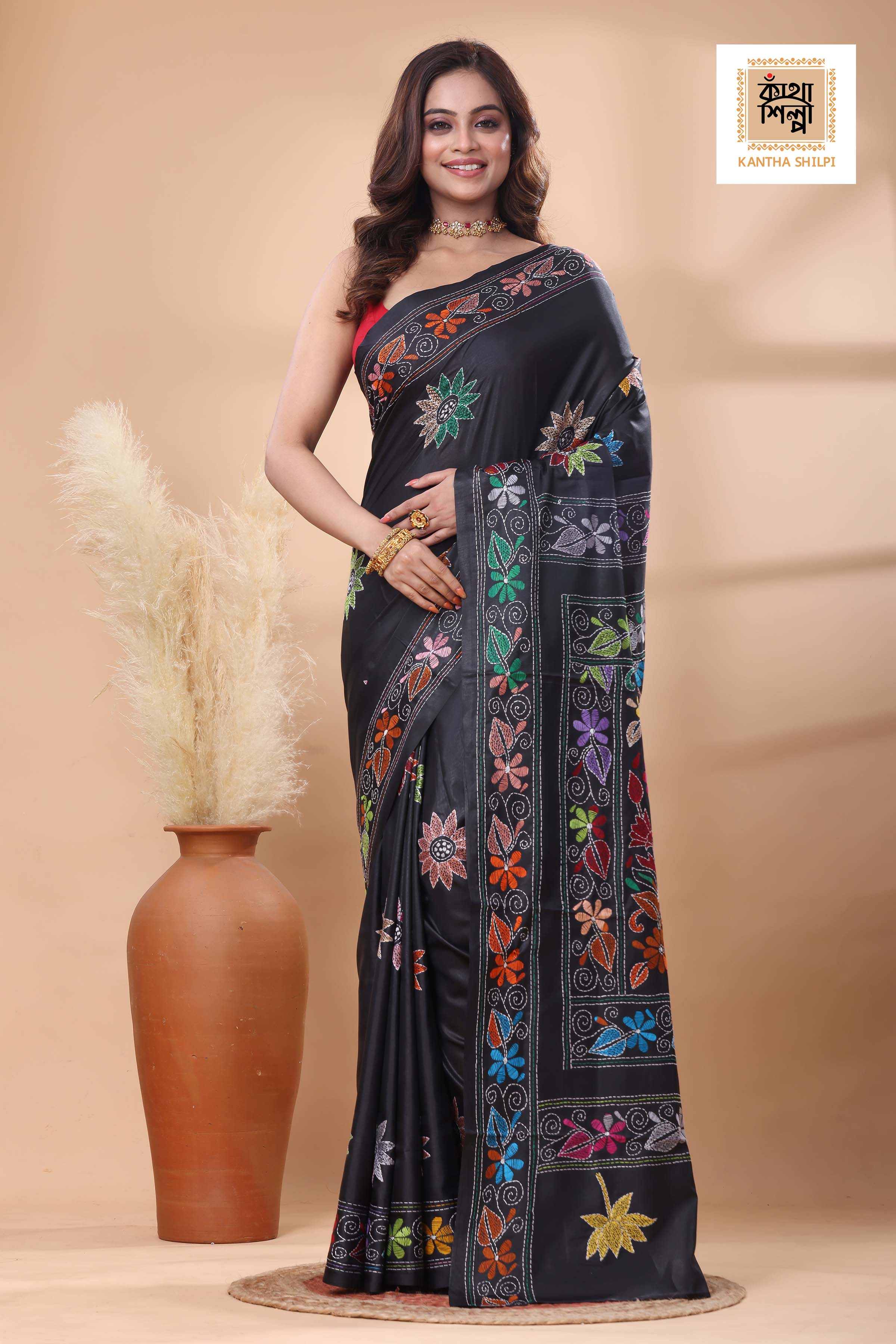 Black Color Bangalore Silk Multicolor Thread Work Kantha Stitch Saree